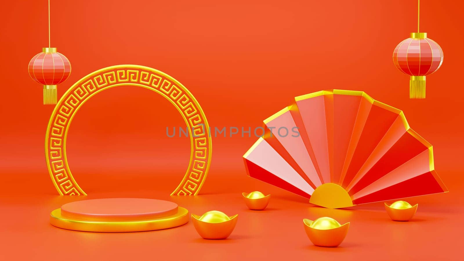 Happy Chinese New Year. Japanese fan, gold ingot and lantern, round Asian theme product display podium stage on red background, empty fashion luxury CNY podium, 3D Rendering illustration
