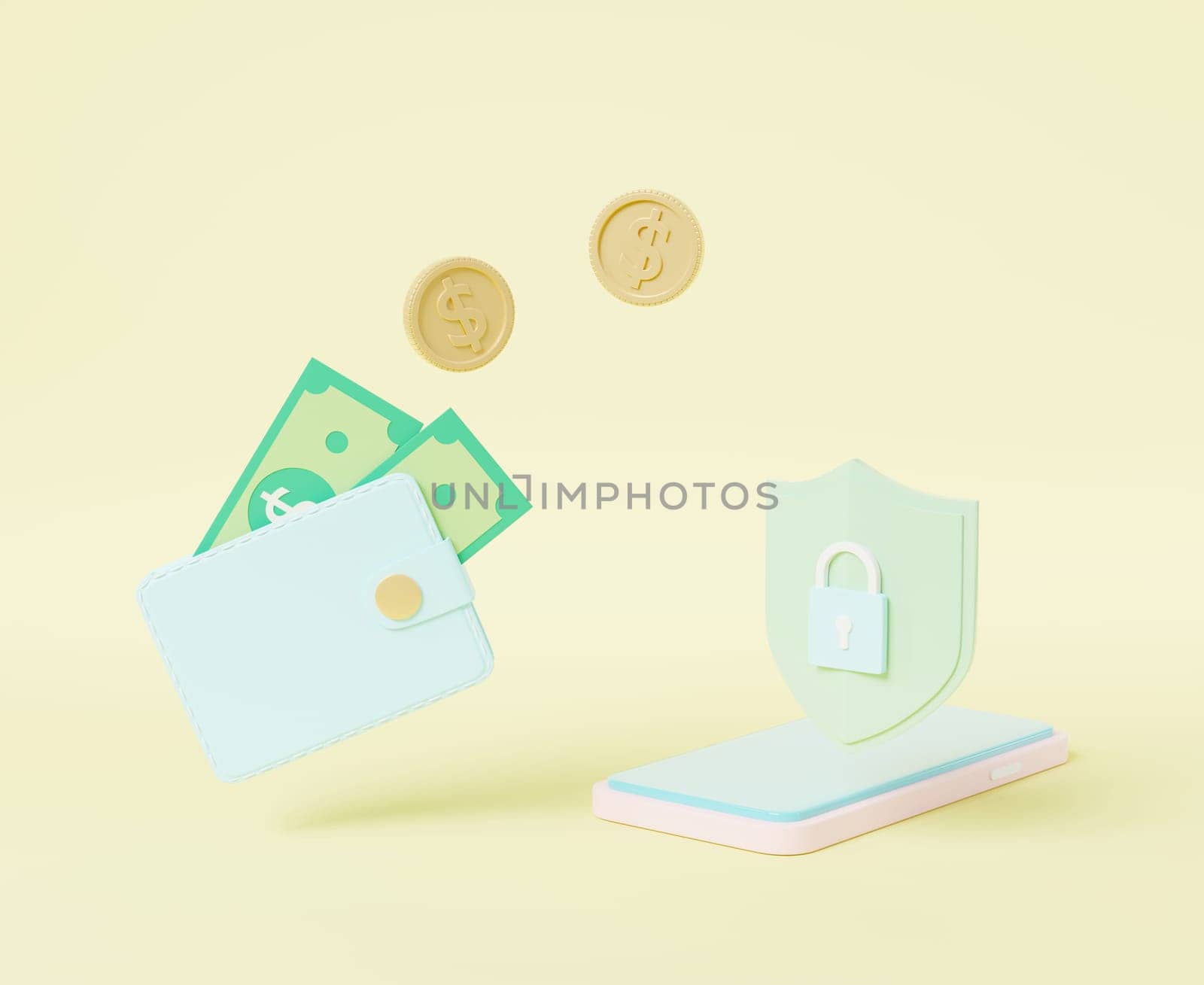 Security financial savings online payment protection on smartphone online transaction banking, Money transfer from wallet into mobile phone with Secure bank, Isometric 3D rendering illustration