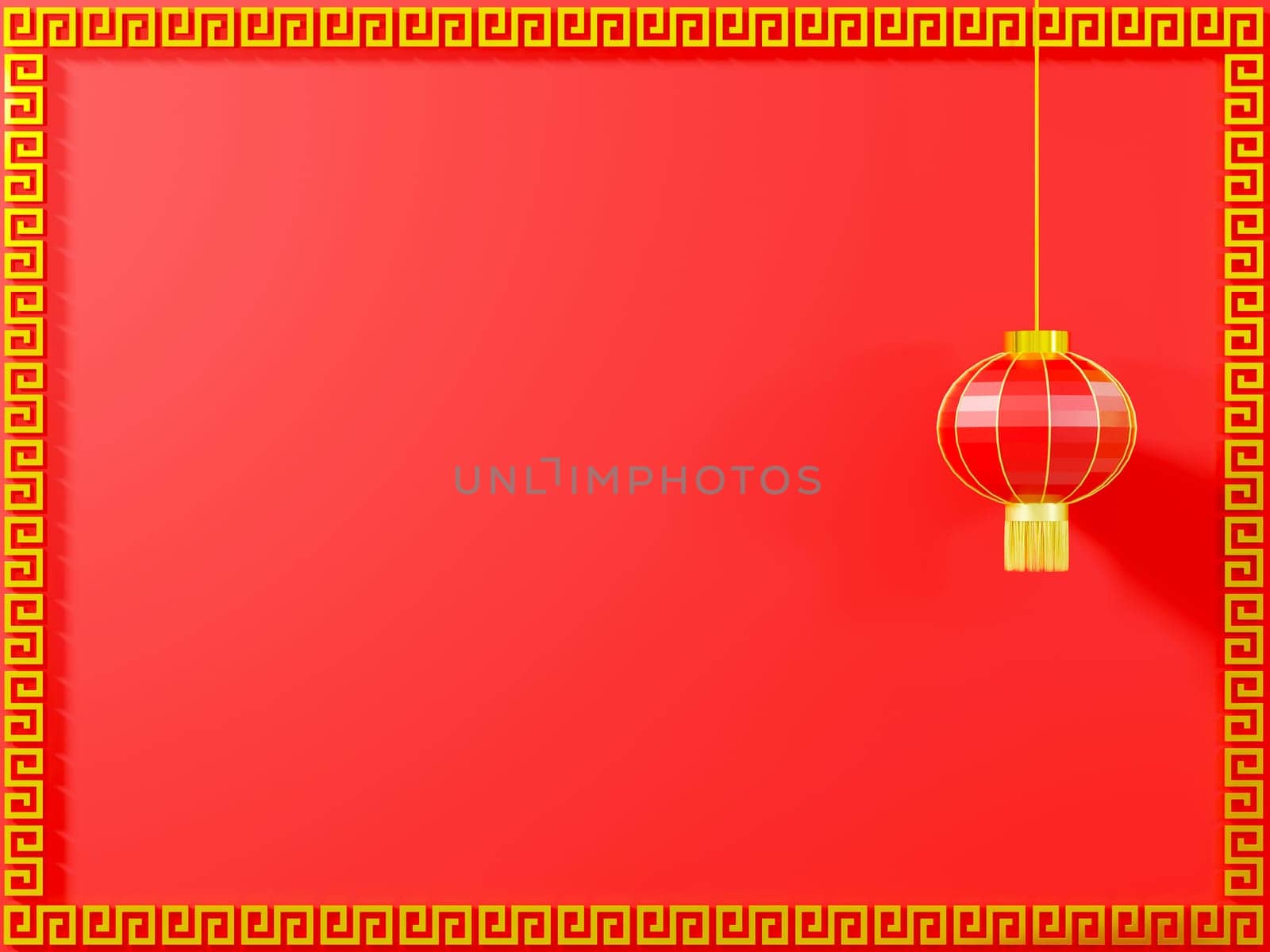 Happy Chinese New Year. Chinese lantern in golden lanterns frame pattern on red background decoration element for web design, 3D Rendering illustration