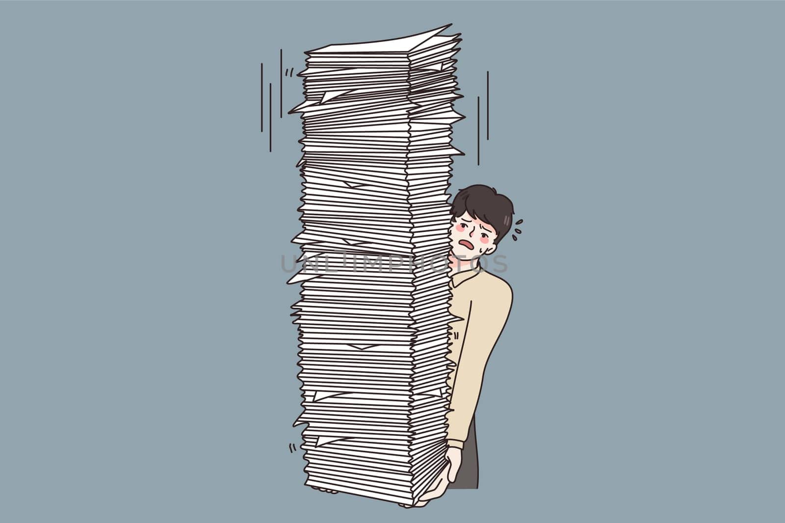 Overwork and pressure at work concept. Young stressed man worker carrying huge stack heap of papers documents feeling tired vector illustration
