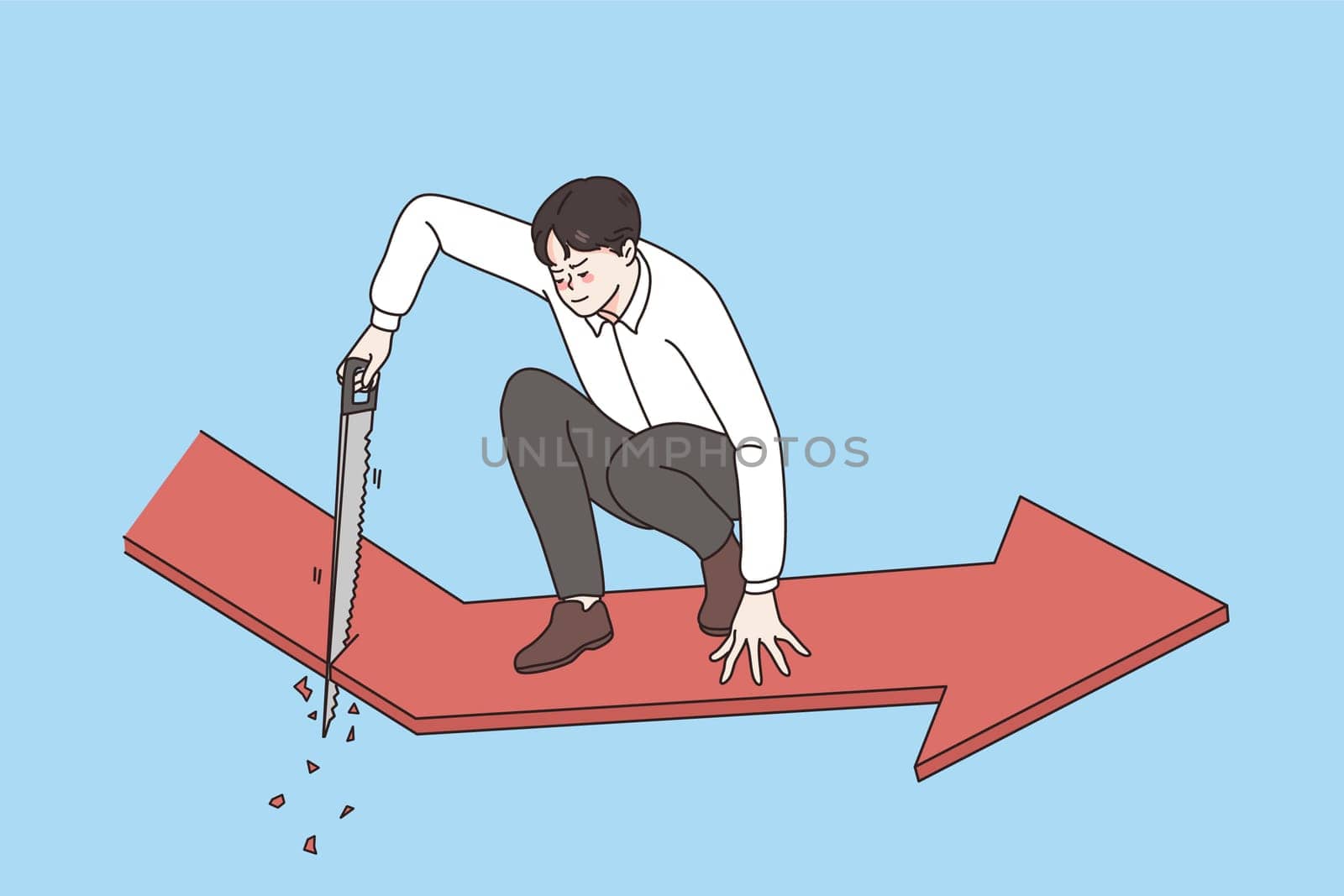 Business danger and risks concept. Young asian businessman sitting and cutting red arrow forward meaning dangerous situation for business vector illustration