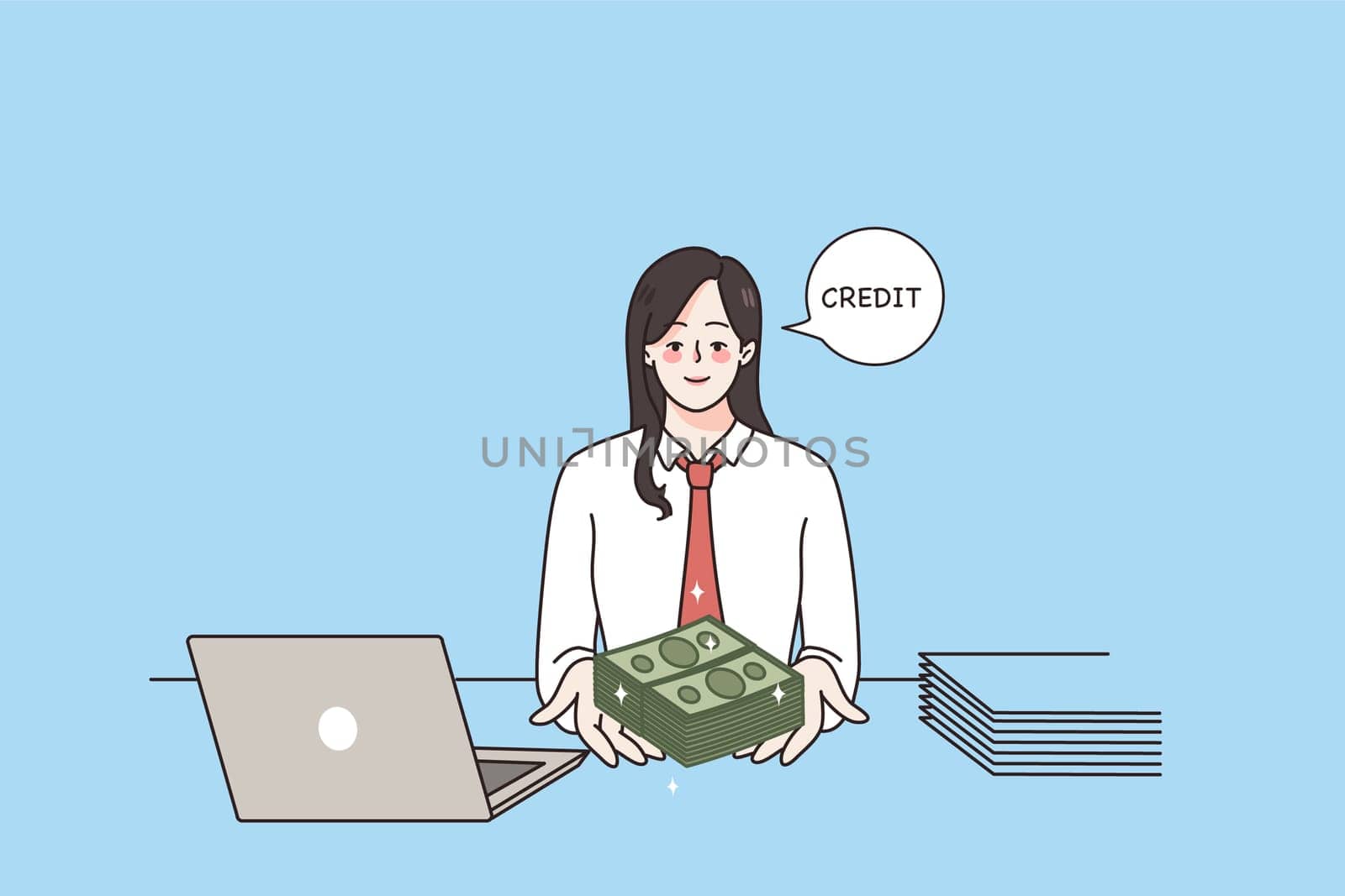 Credit approval and finance concept. Smiling woman bank worker sitting at laptop and giving money credit to client looking at camera vector illustration