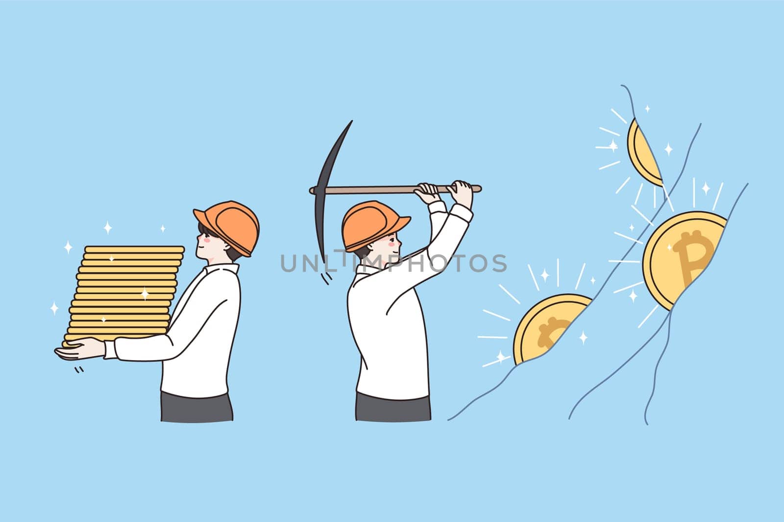 Financial success and earning concept. Positive businessmen miners wearing helmets and white shirts with hammer getting gold earning profit vector illustration