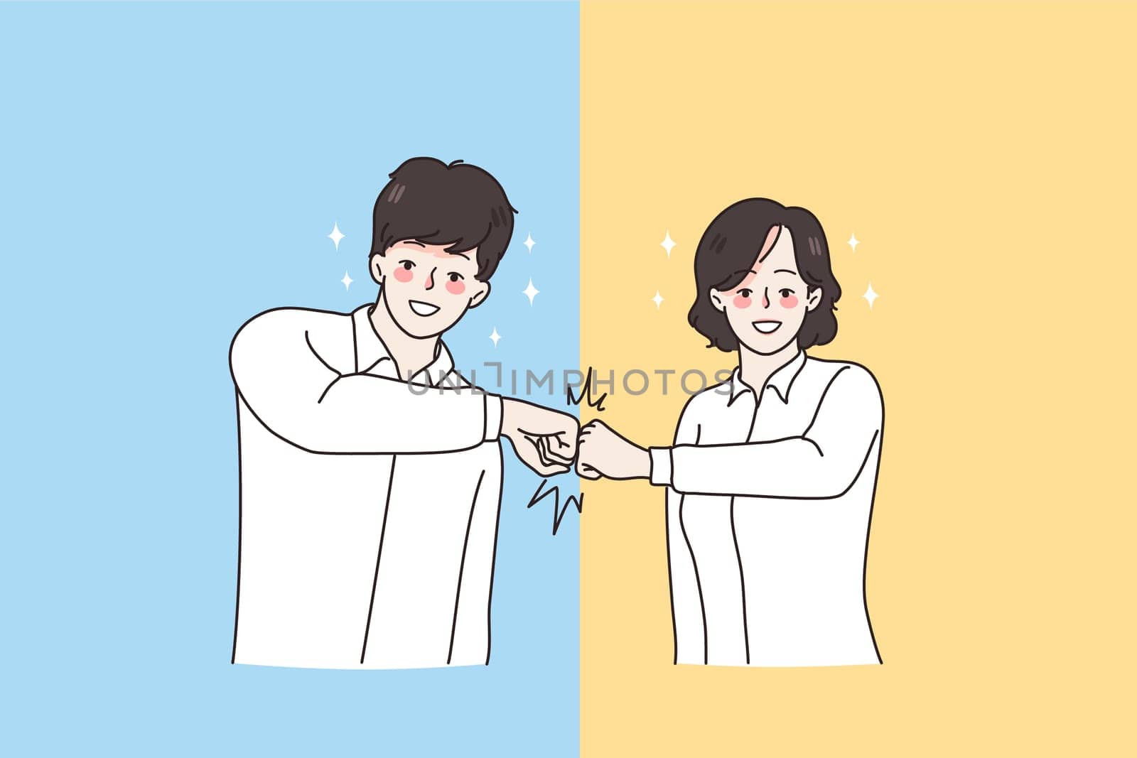 Friendship, collaboration and and mutual support concept. Young smiling colleagues man and woman standing and bumping fists from both sides blue and yellow vector illustration