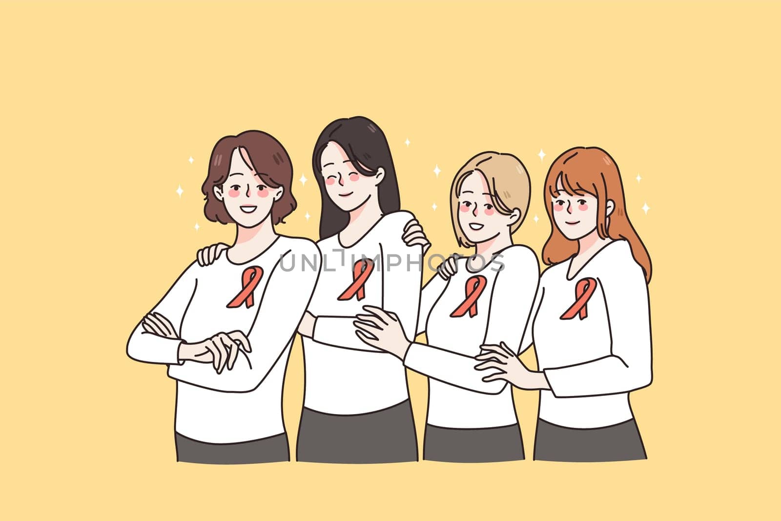 Female foundation of breast cancer and girls power concept. Group of smiling girls wearing orange ribbons on longsleeves standing holding hands looking at camera vector illustration