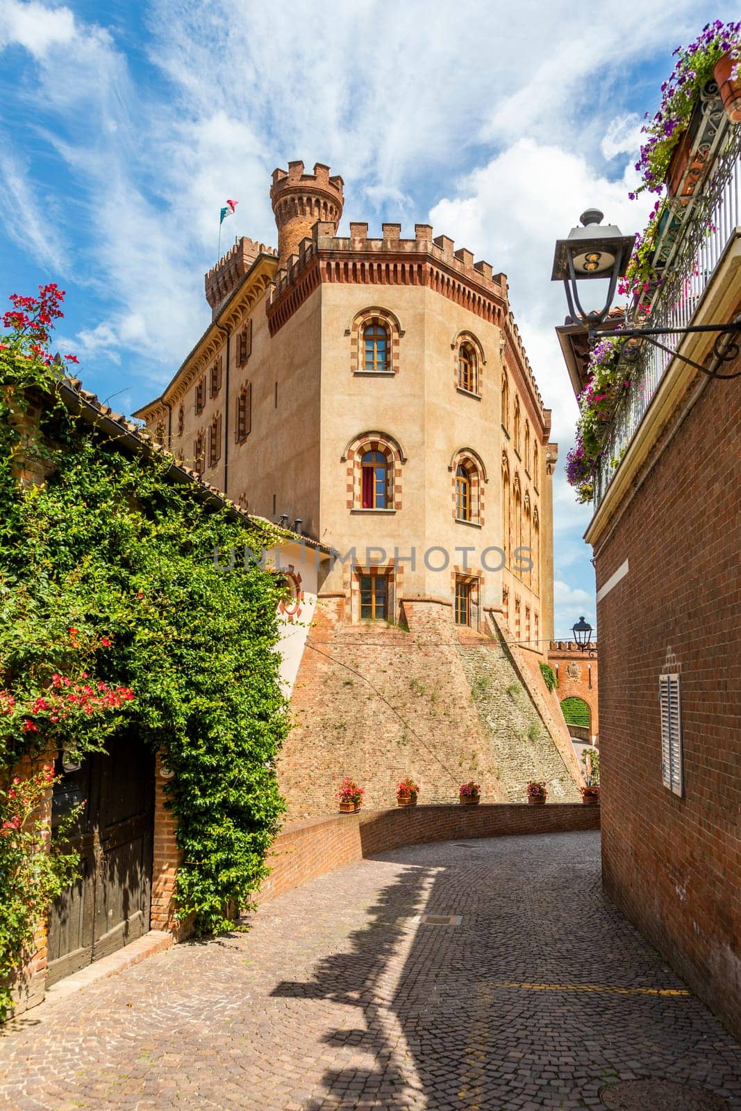 Barolo, Italy - Circa August 2021: Barolo castle. The Barolo village is Unesco site.