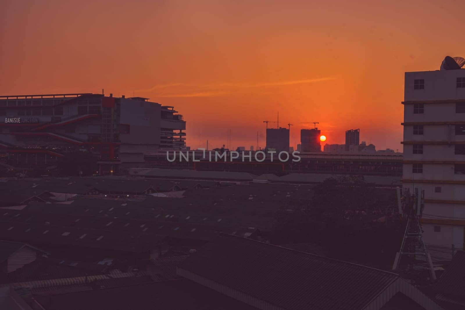 Panorama of capital city. Cityscape at sunset colorful cloudy twilight sky