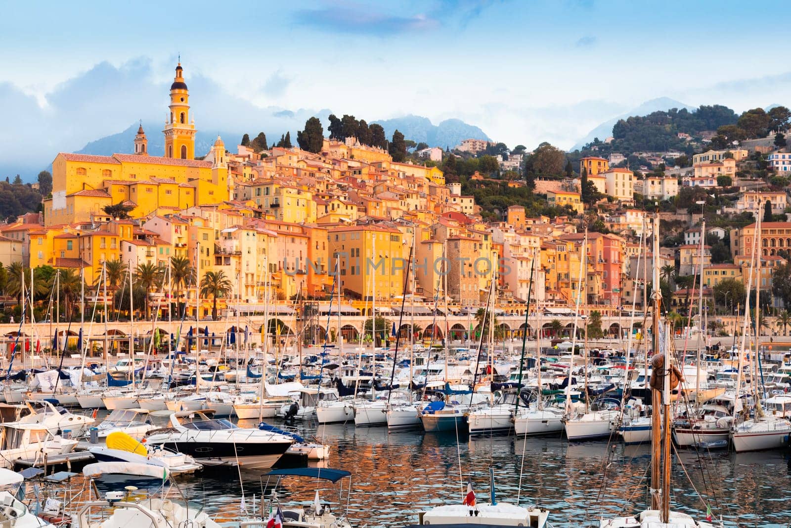 Menton, France - circa August 2021: view of the French Riviera, named the Coast Azur, located in the South of France. Sunrise light.