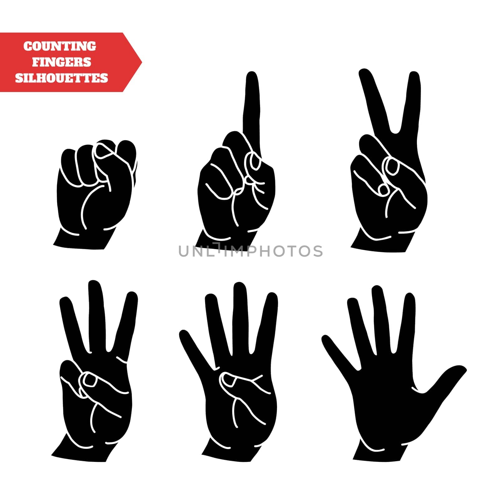 Counting hands showing different number of fingers. Graphic design element for teaching math to young children as school printout. Great for showing numbers on your design in a fun and creative way.