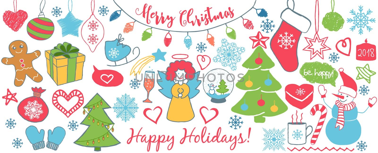 Christmas doodles banner or greeting card hand drawn in line art style, isolated on white background. Vector illustration.