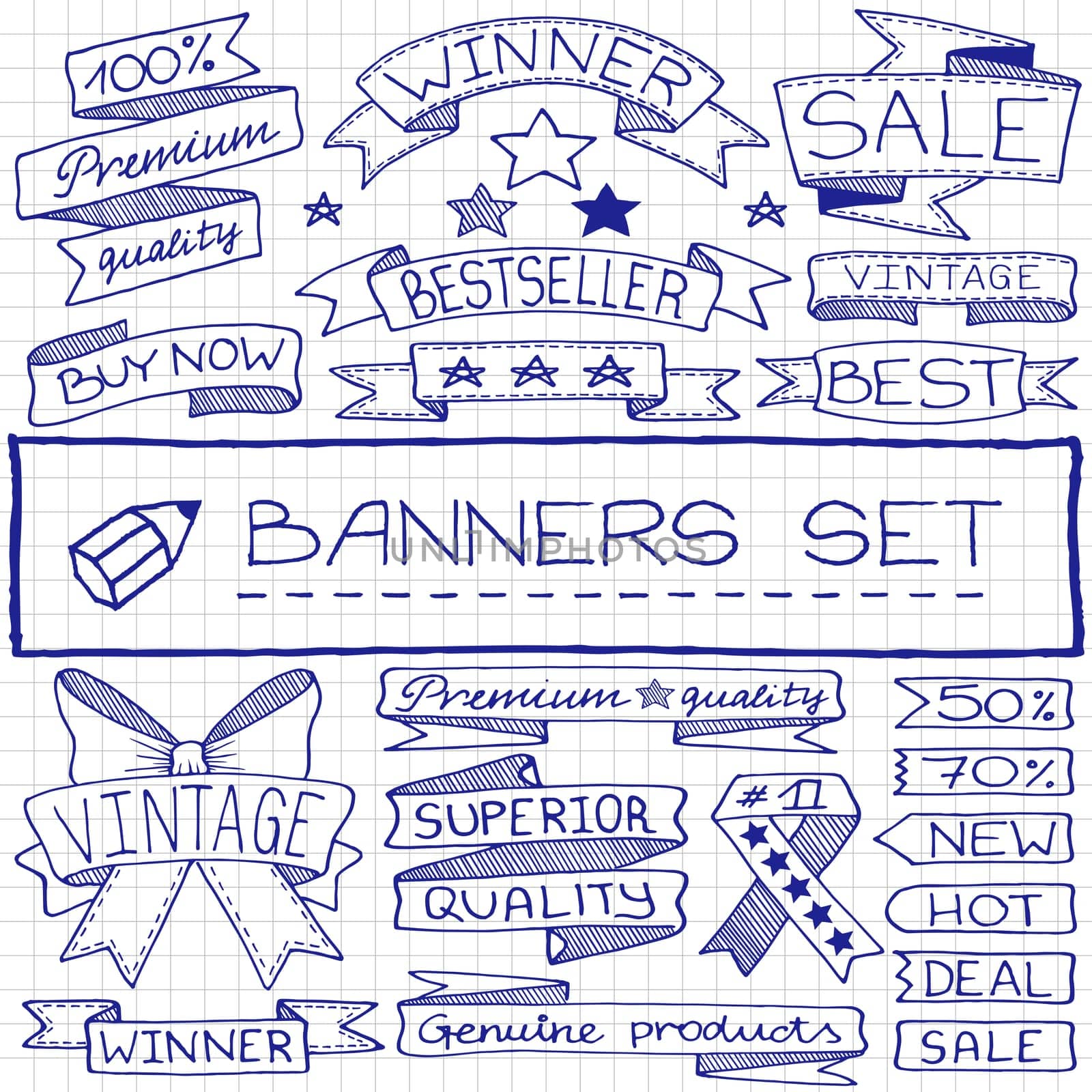 Doodle banner and tag icons with captions and stars, blue pen effect. Vector illustration.
