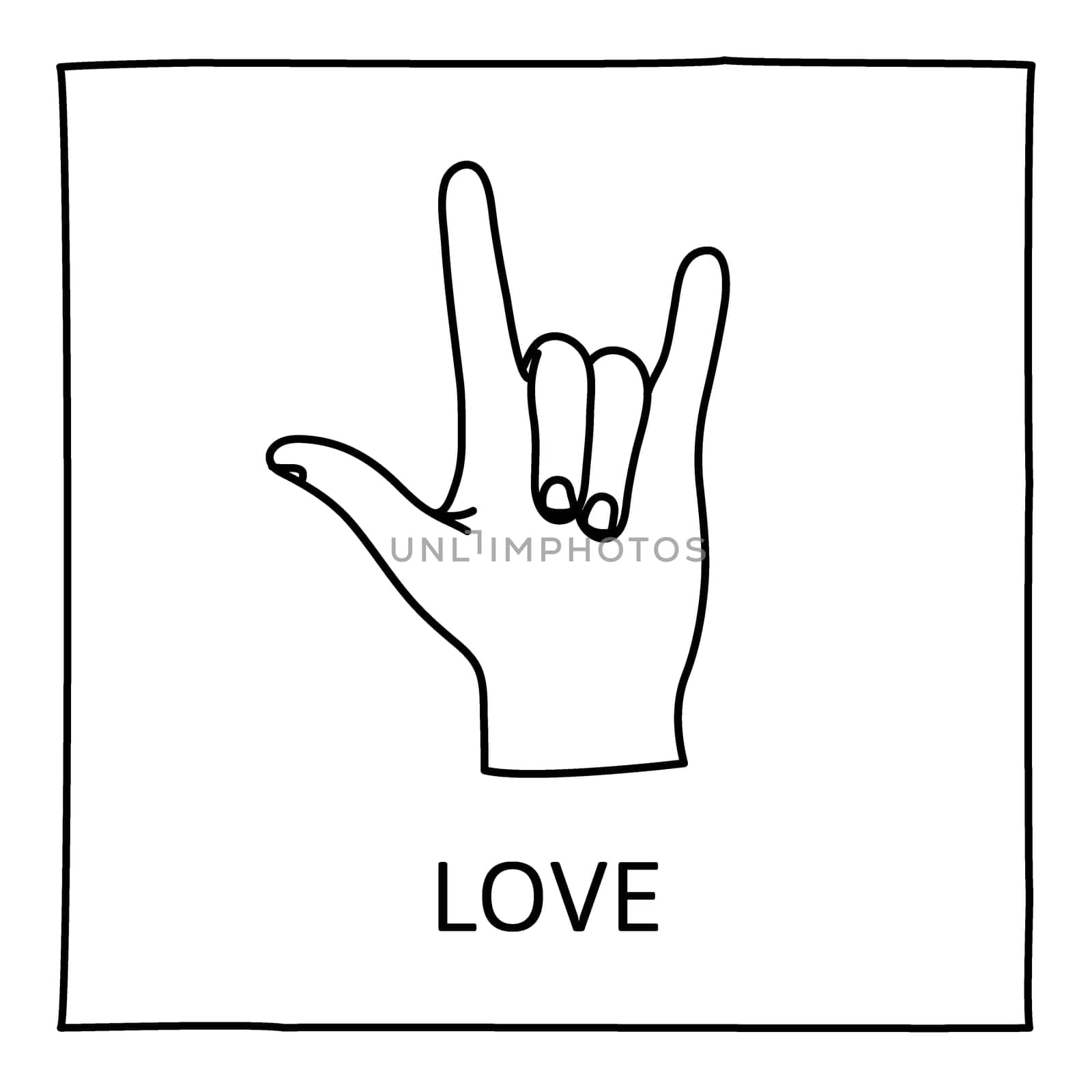Doodle LOVE icon. Hand drawn gesture symbol. Line art style graphic design element. Sign language gesture. ILY concept. Vector illustration