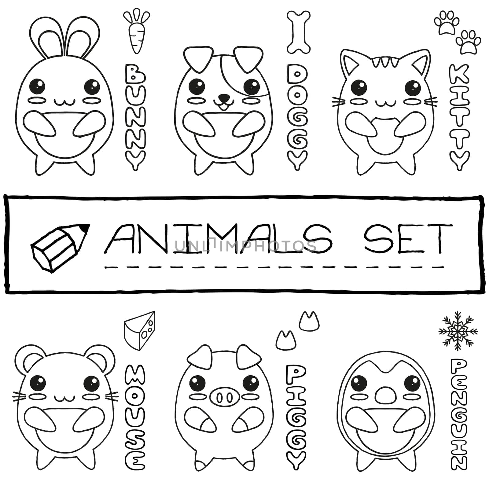 Hand drawn set of japanese style baby animals. Vector illustration.