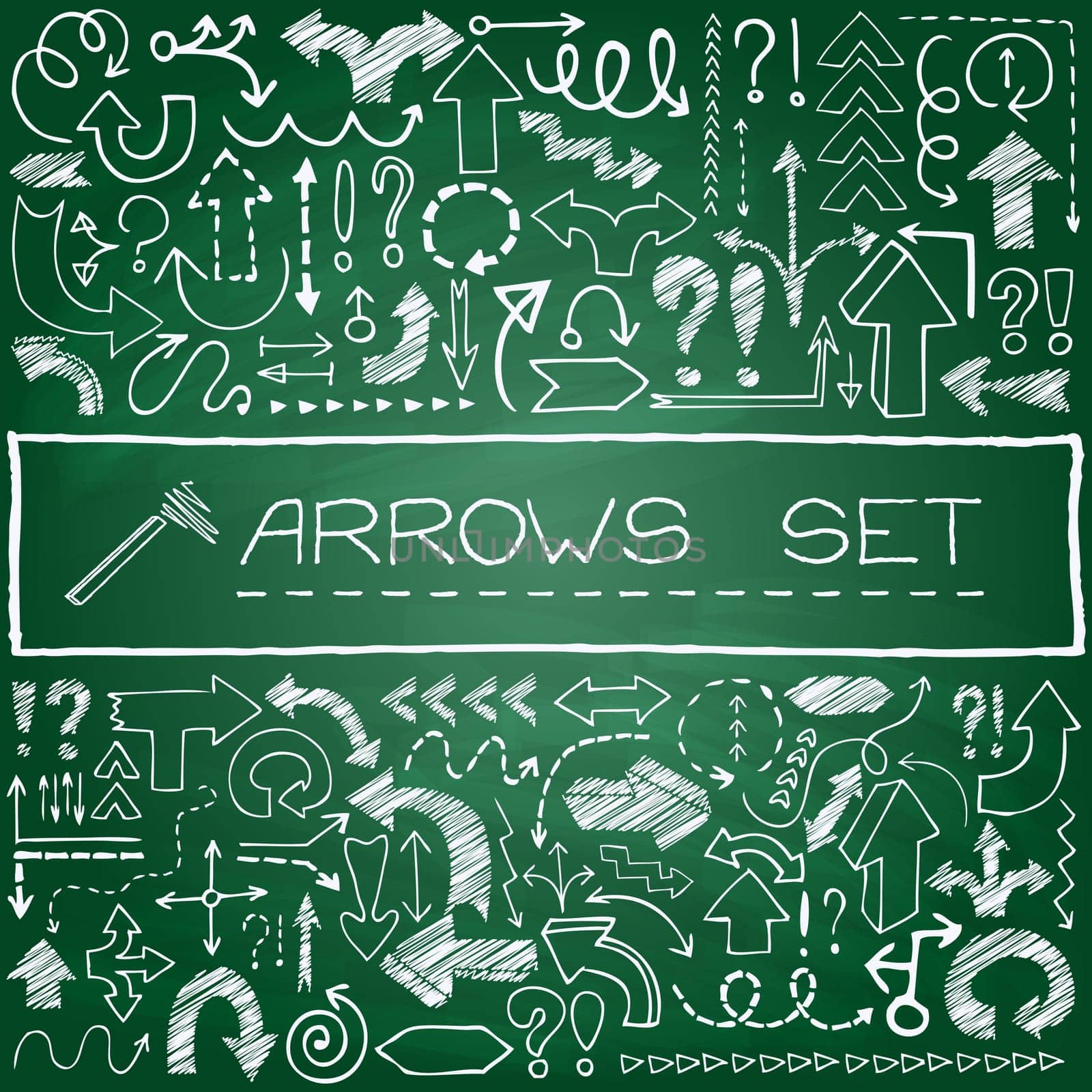 Hand drawn arrow icons set with question and exclamation marks on green chalkboard. Vector Illustration.