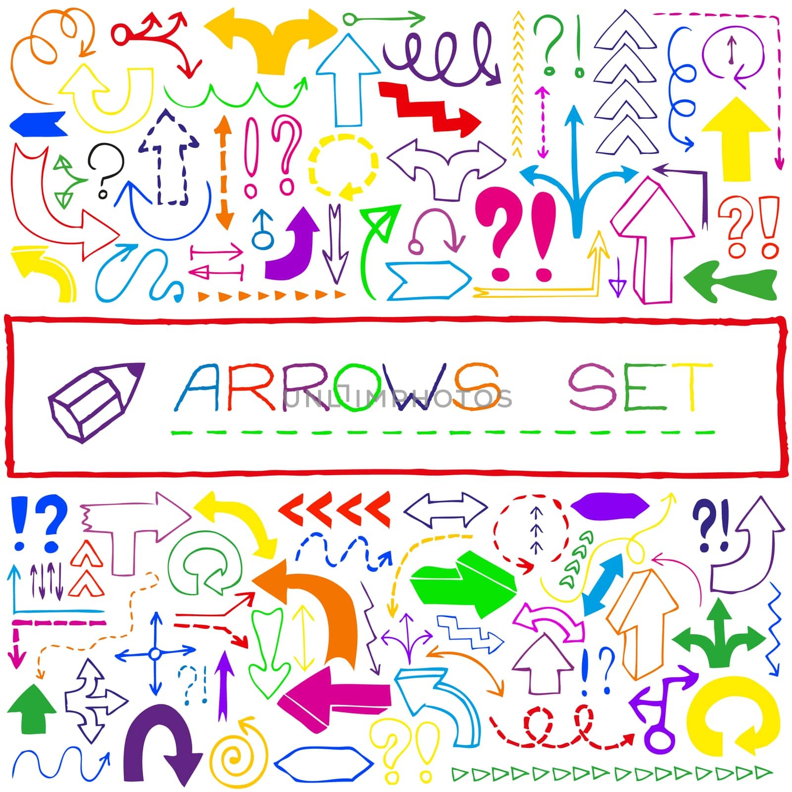Hand drawn colorful arrow icons with question and exclamation marks. Vector illustration.