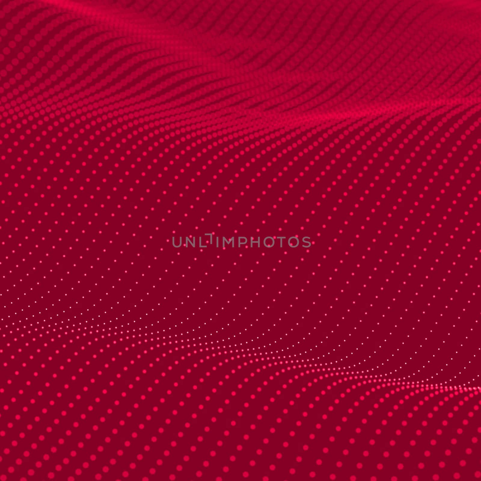 Red background. Abstract bokeh dots waves. 3D illustration.