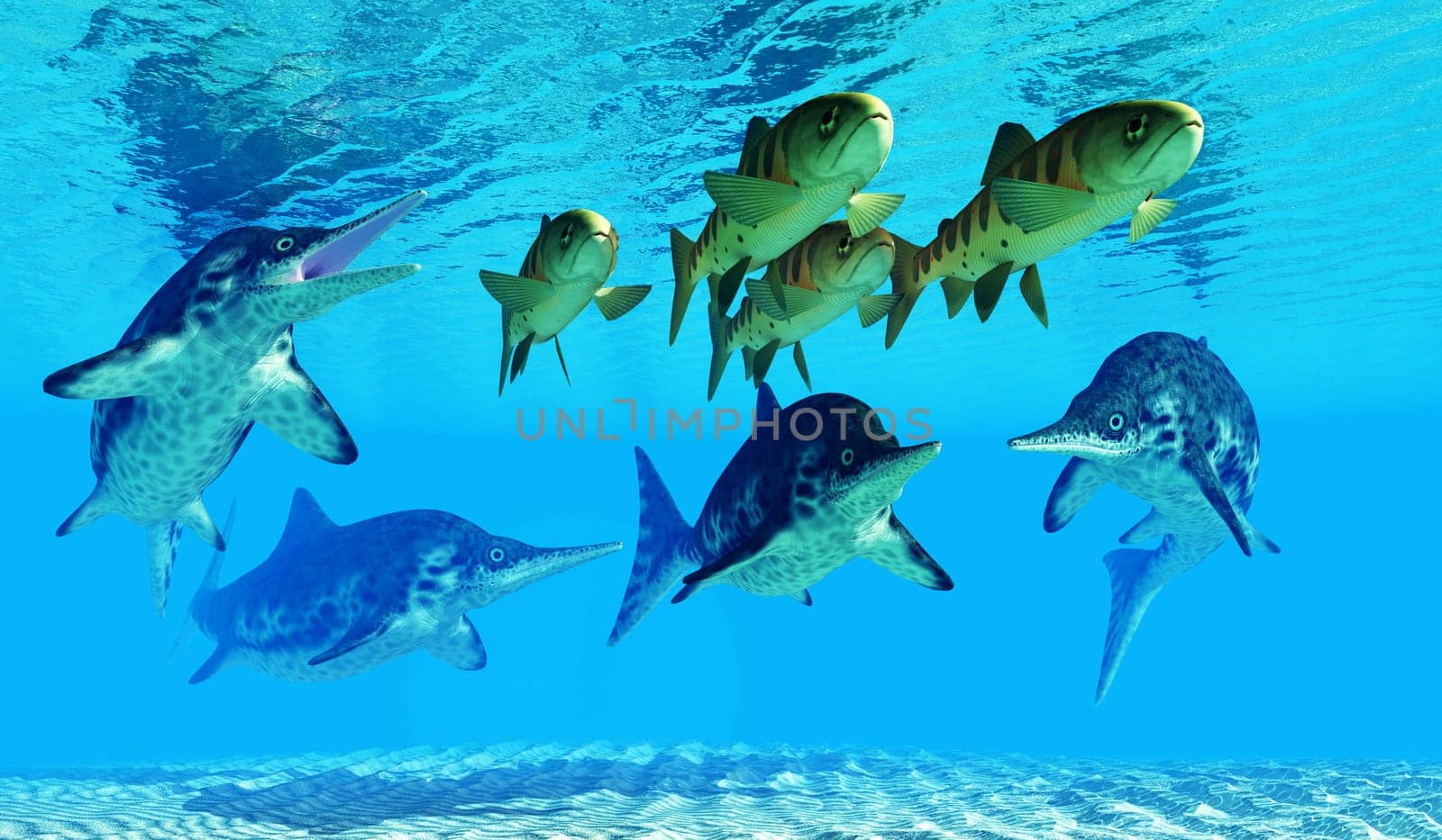 A school of Masu Salmon try to evade a group of Ichthyosaurs during prehistoric seas.