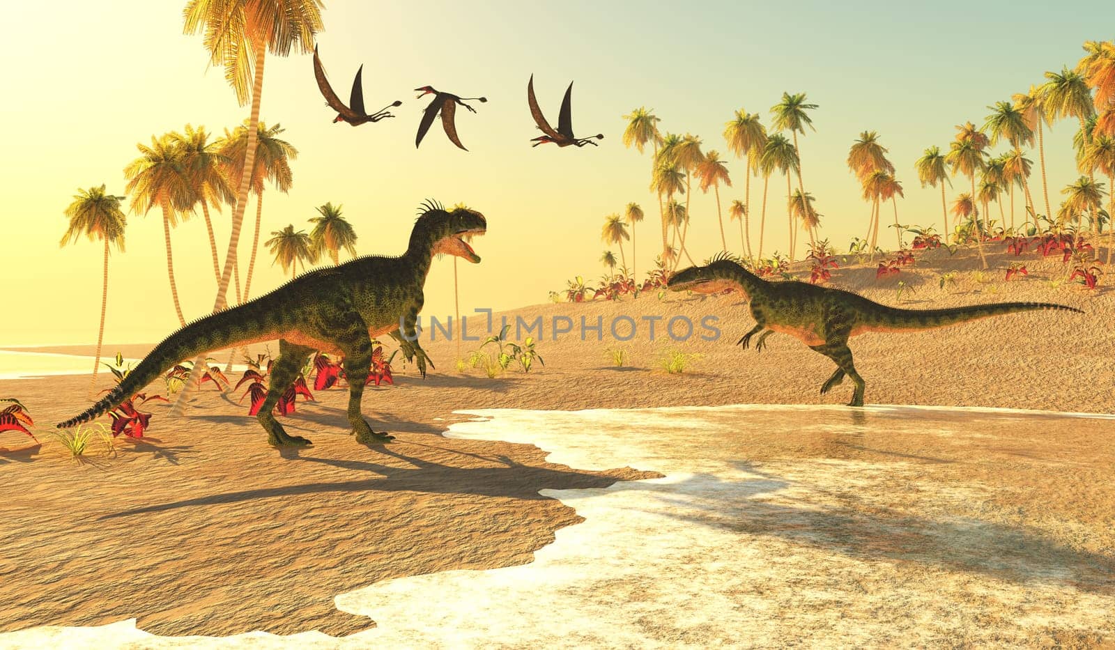 Monolophosaurus theropod dinosaurs search for prey along an  ocean beach as Dorygnathus reptiles fly over.