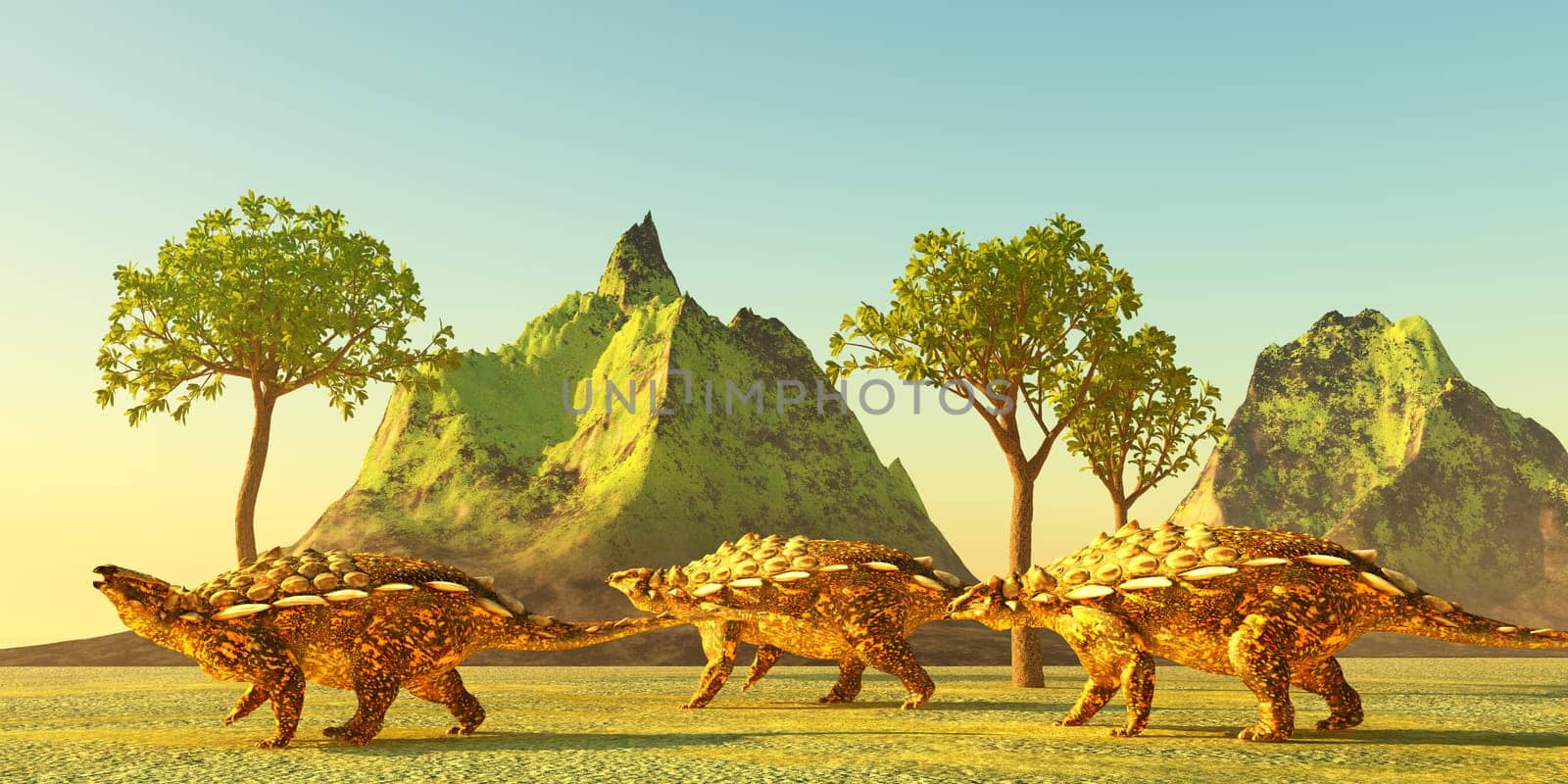 Three armored herbivore Gargoyleosaurus ankylosaurs travel together during the prehistoric ages of North America.
