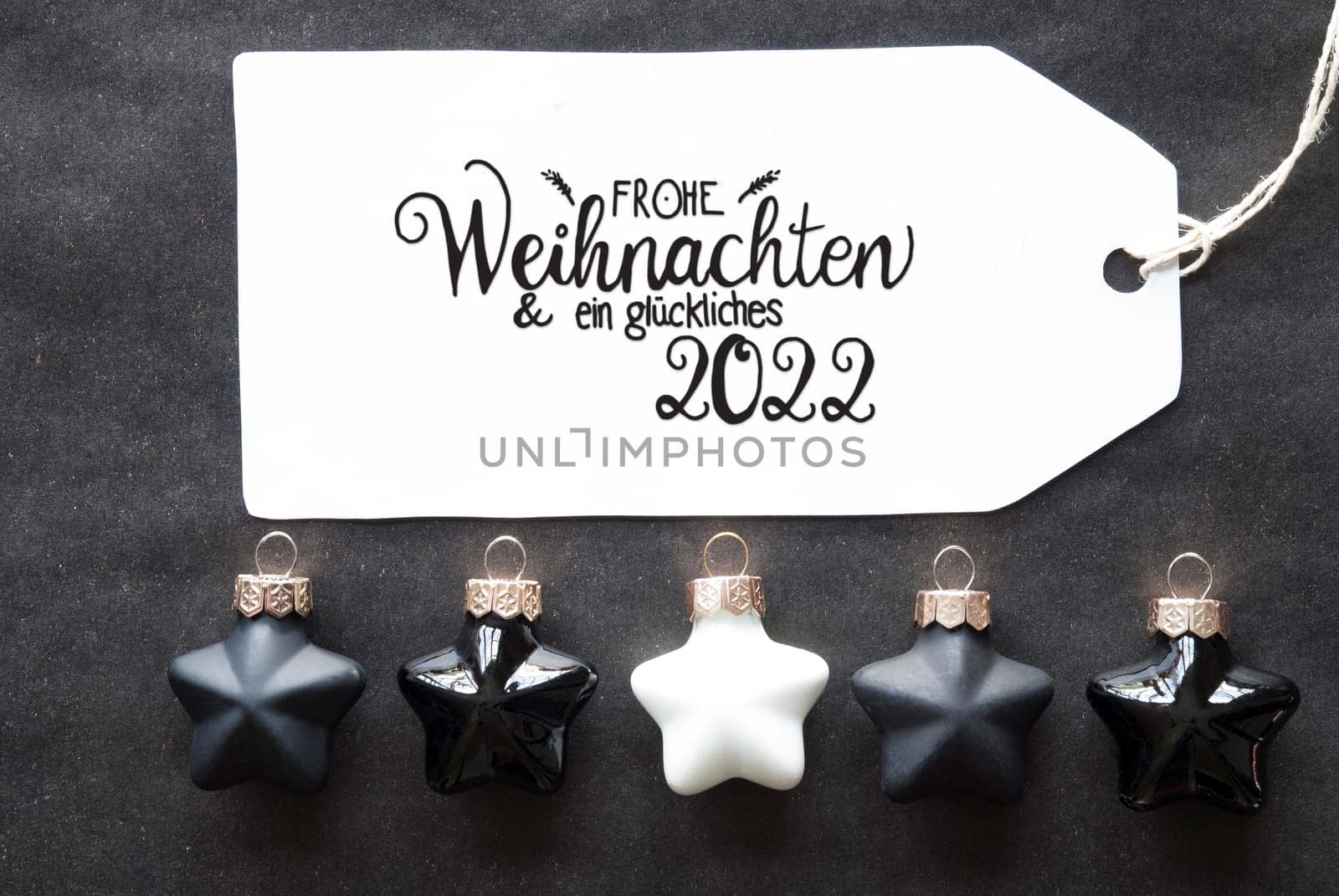 Label With German Calligraphy Frohe Weihnachten Und Ein Glueckliches 2022 Means Merry Christmas And A Happy 2022. Black Christmas Ball Ornament.