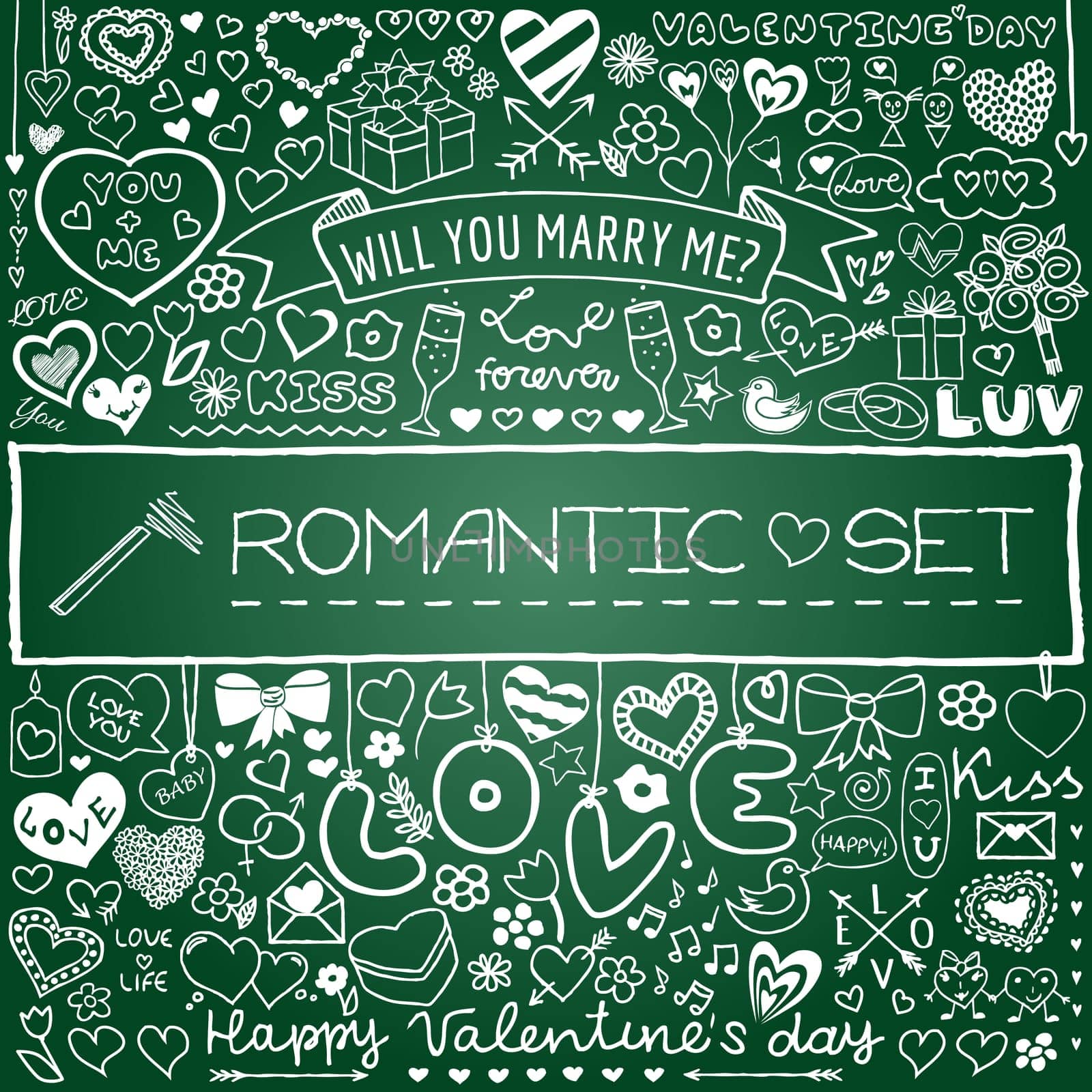 Doodle set of hearts, arrows, bows, presents, flowers etc. Design elements for Valentines Day, wedding invitation, baby shower, birthday card etc. Vector illustration.