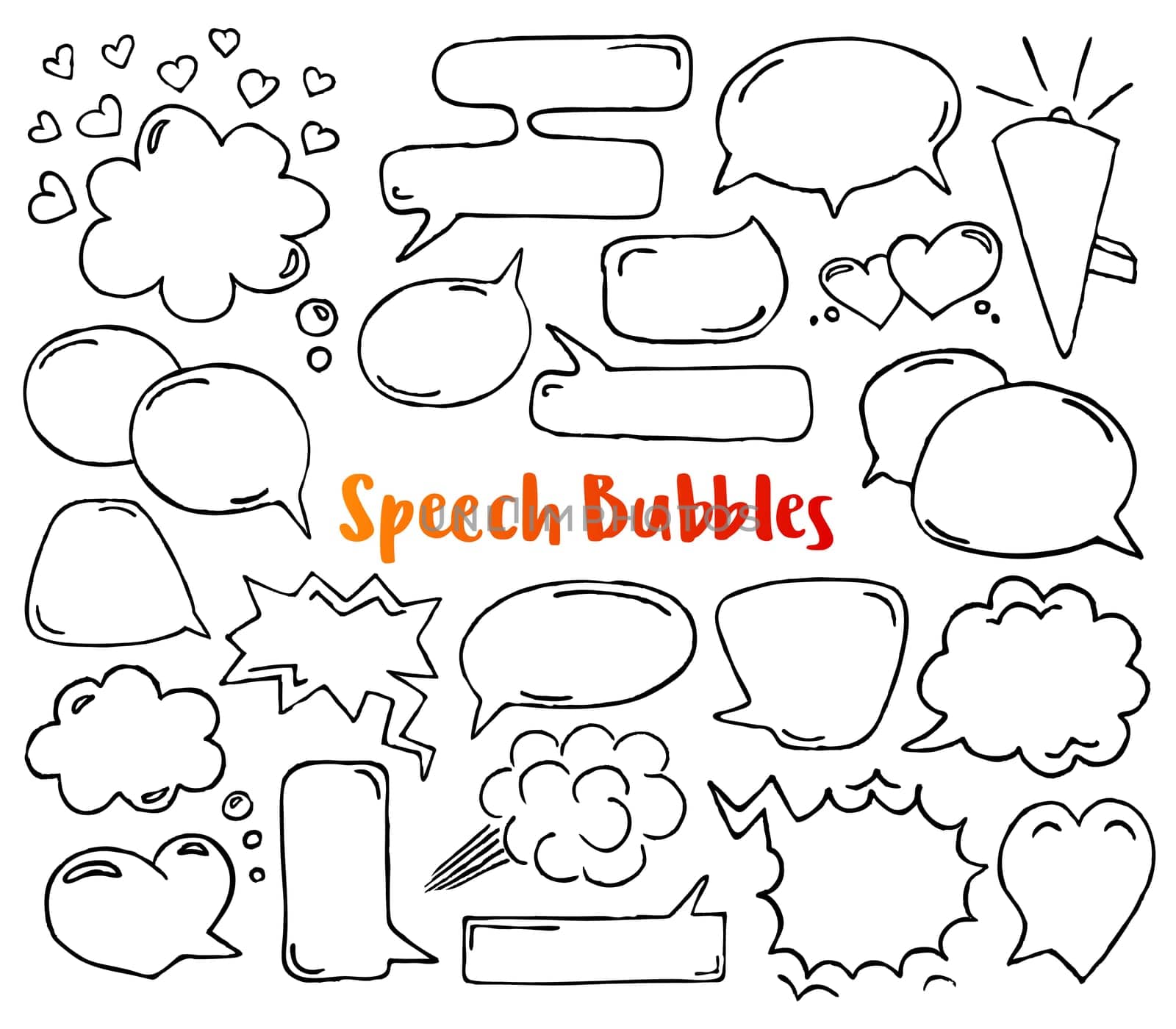 Hand drawn speech bubbles. Ink pen sketch doodles ready to add text. Graphic design sketch style elements for children comics, child book, mobile app, infographics, poster, flyer. Vector illustration