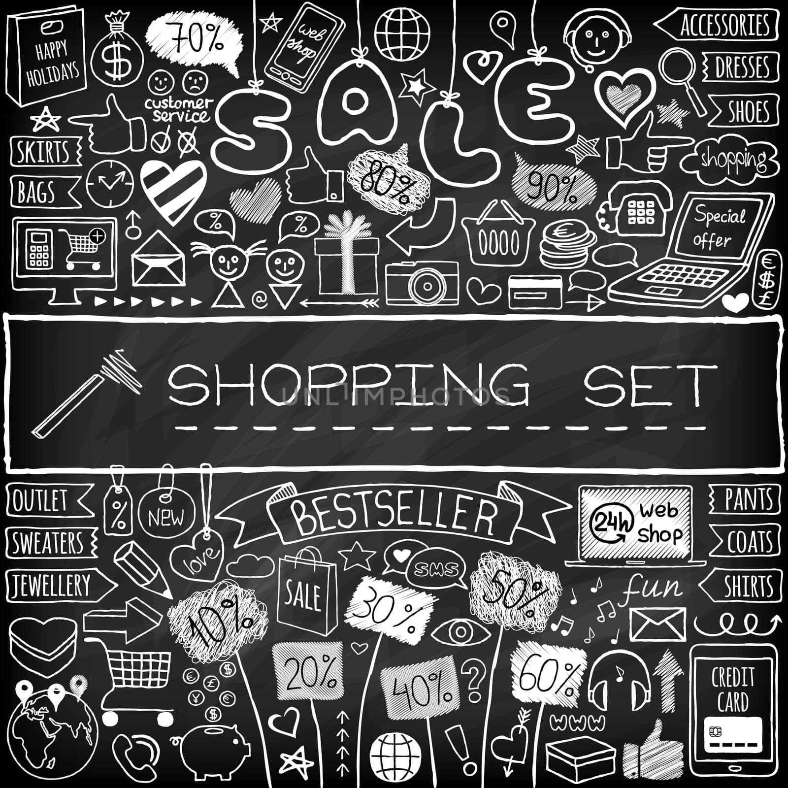 Shopping doodle set. Chalk board effect. Hand drawn icons collection with discount tags, computer, smartphone, gift box, hearts, stars and banners. Online shopping, holiday and season sale concept.