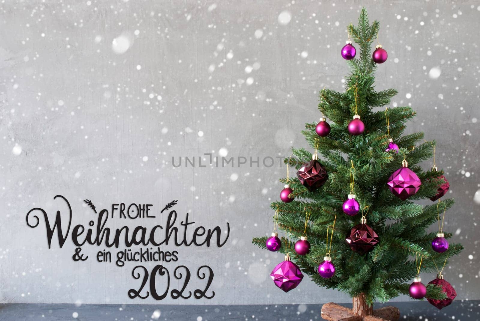 German Calligraphy Frohe Weihnachten Und Ein Glueckliches 2022 Mean Merry Christmas And A Happy 2022. Tree With Purple Christmas Ball Ornament. Gray Background With Snowflakes