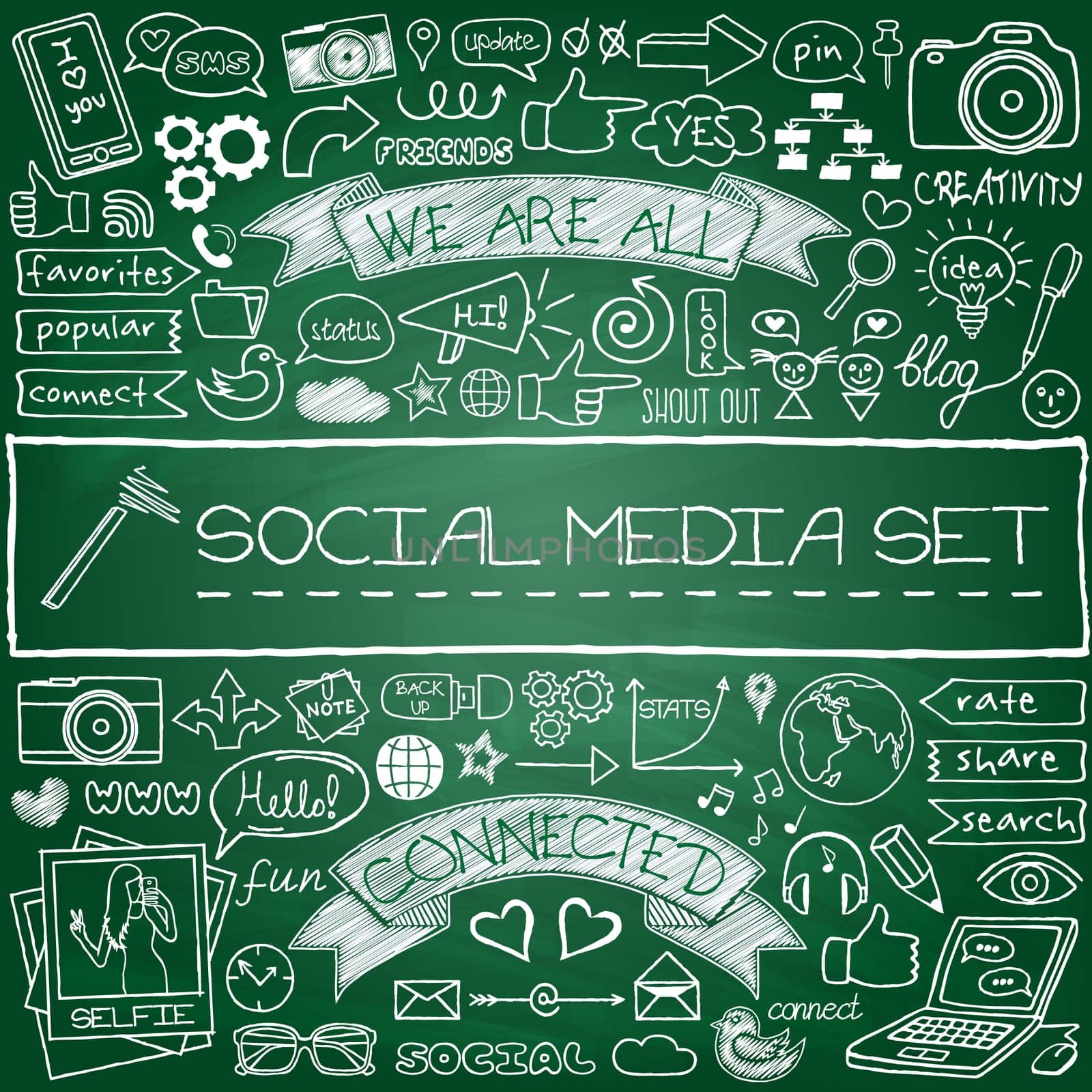 Doodle social media icons set with chalkboard effect. Networking concept with speech bubbles, mobile phone, tags with captions and other design elements