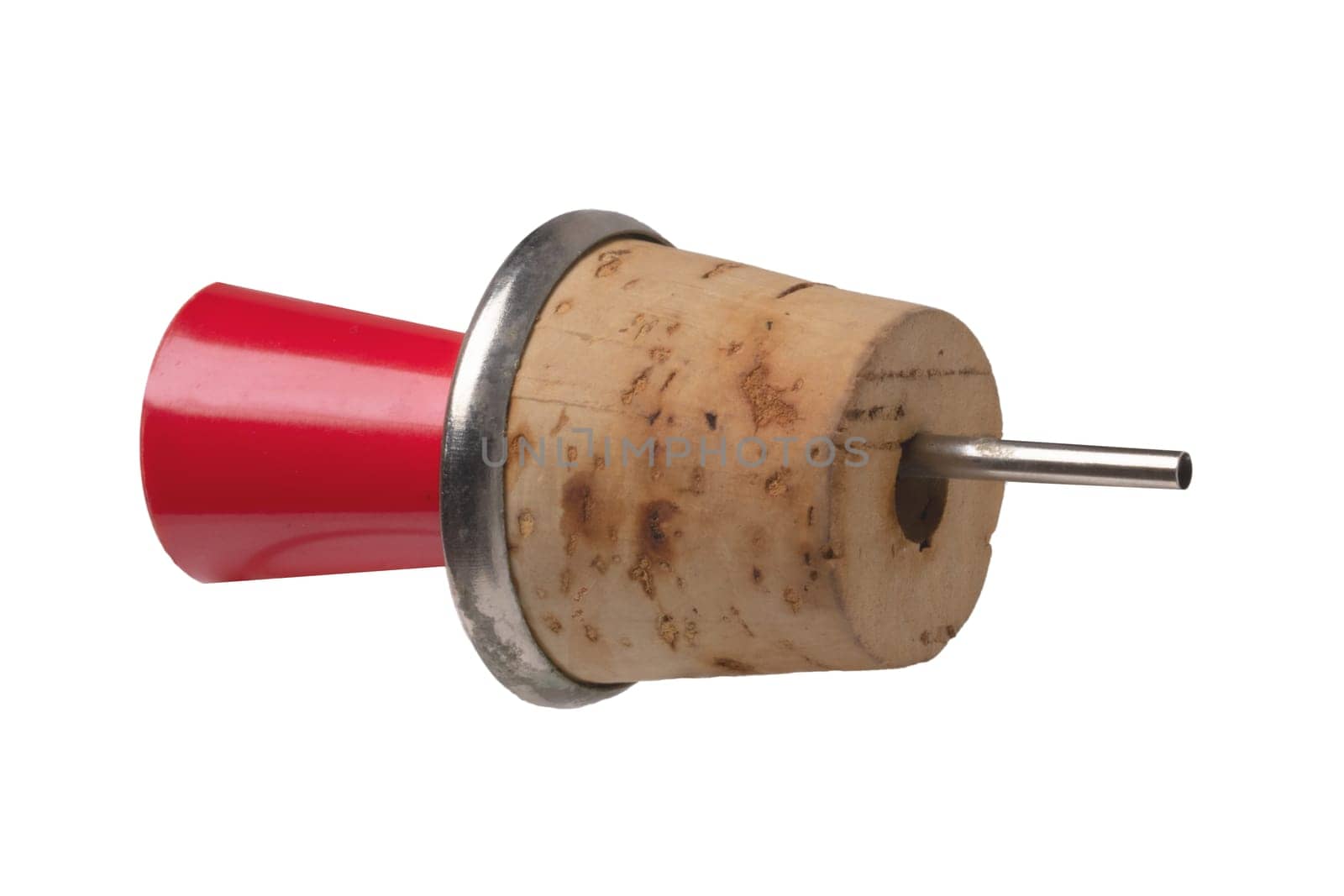 Kitchen, cooking and bar accessories. Close-up of a bottle pourer or cork pourer for oil, spirits, wine, vinegar or liqueur isolated on a white background. Macro.