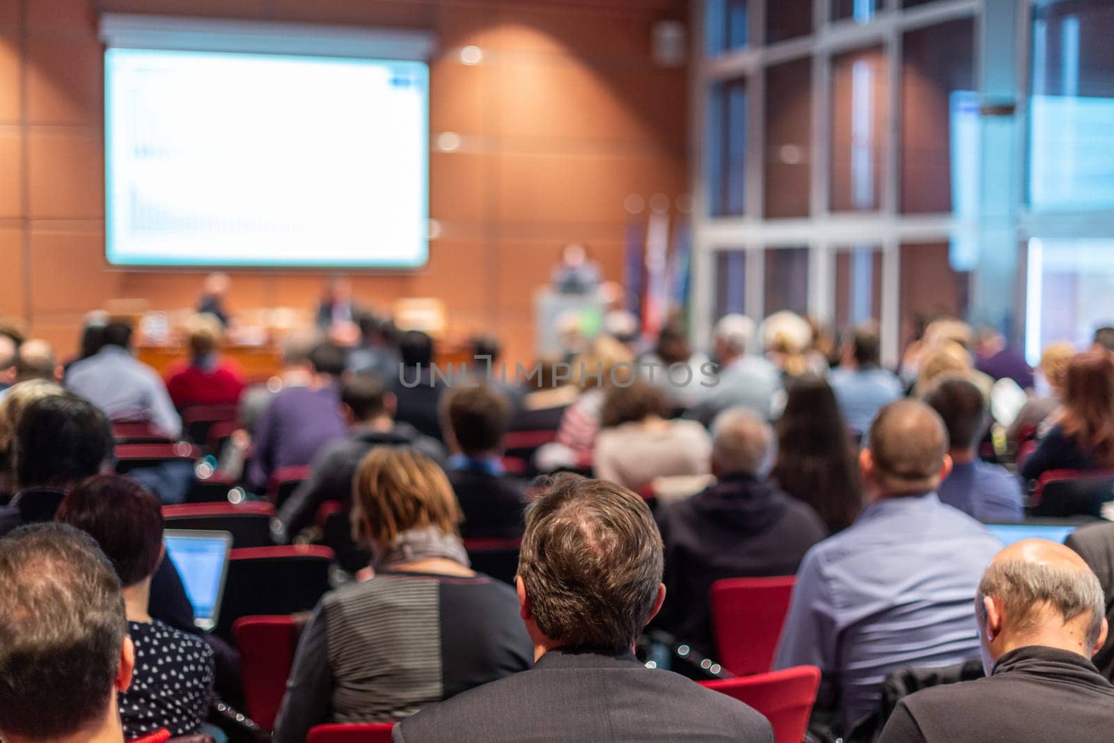 Business and entrepreneurship symposium. Speaker giving a talk at business meeting. Audience in the conference hall. Rear view of unrecognized participant in audience.