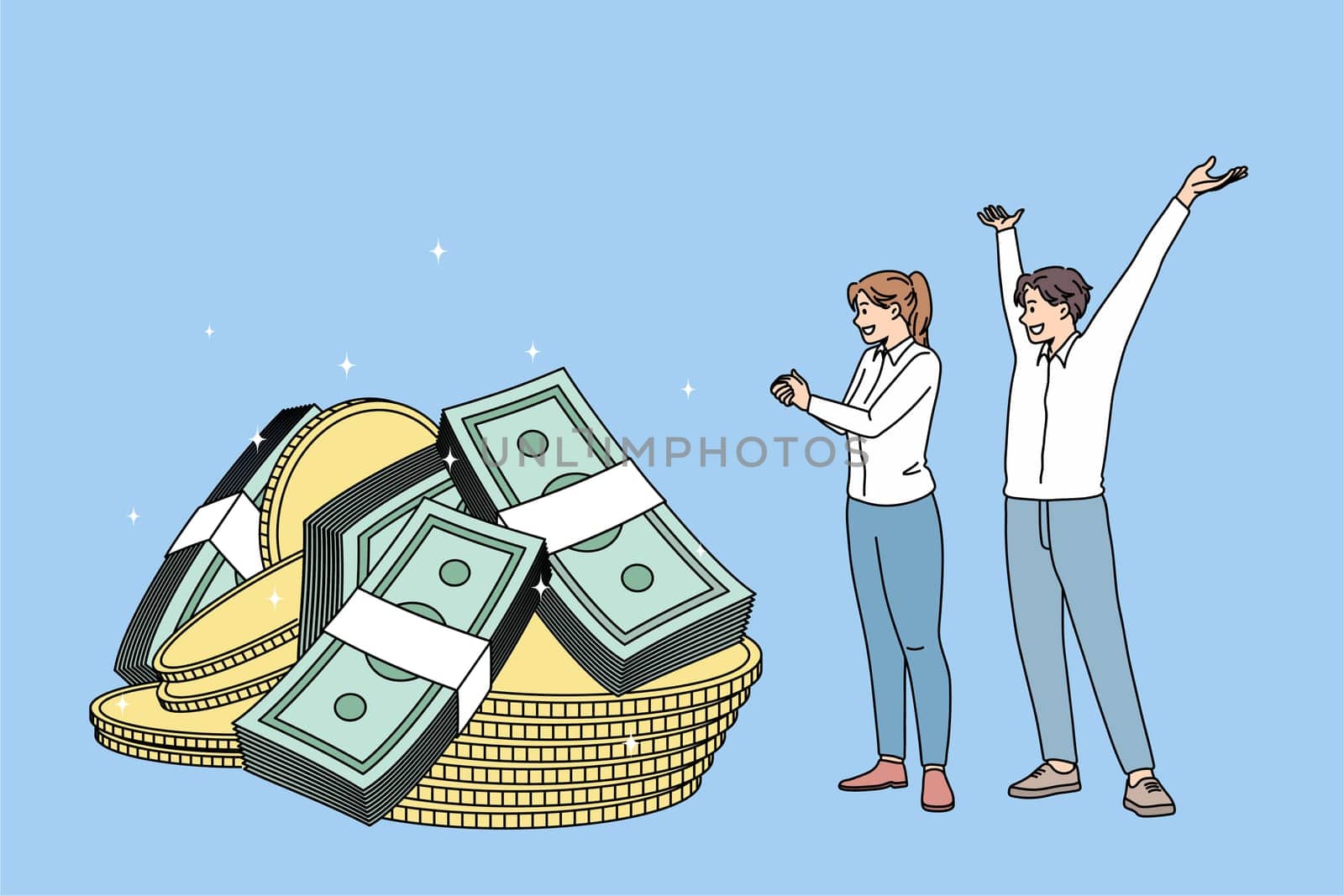 Happy people feel excited euphoric with money dividend from good successful investment. Smiling workers satisfied with salary or wage increase. Financial win or victory. Finance. Vector illustration.