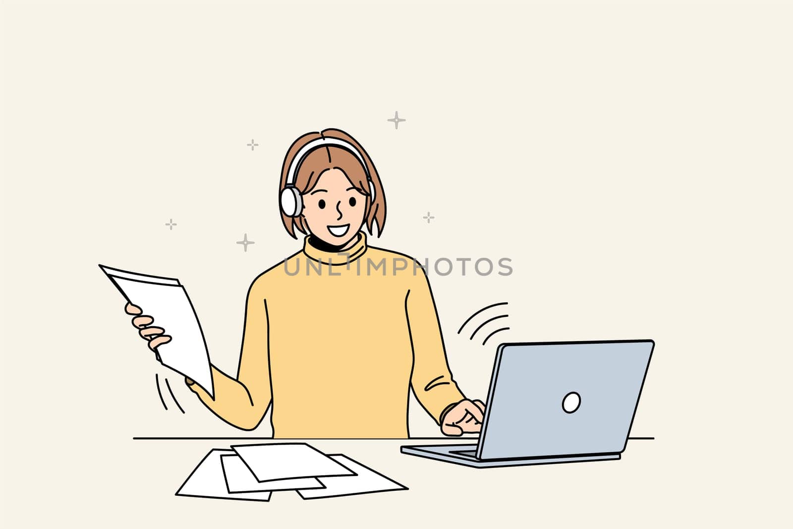 Smiling girl in earphones study online on computer with school paperwork material. Happy woman take web course on laptop, have webcam video class on gadget. Distant education. Vector illustration.