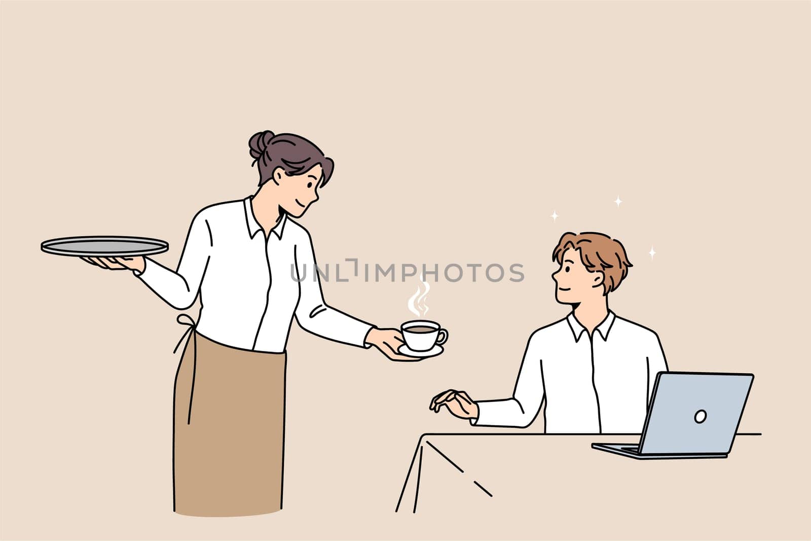 Smiling waitress serving coffee to male client in coffeeshop. Happy guy customer sit indoors in coffee shop get hot cappuccino drink from barista. Good quality service concept. Vector illustration.