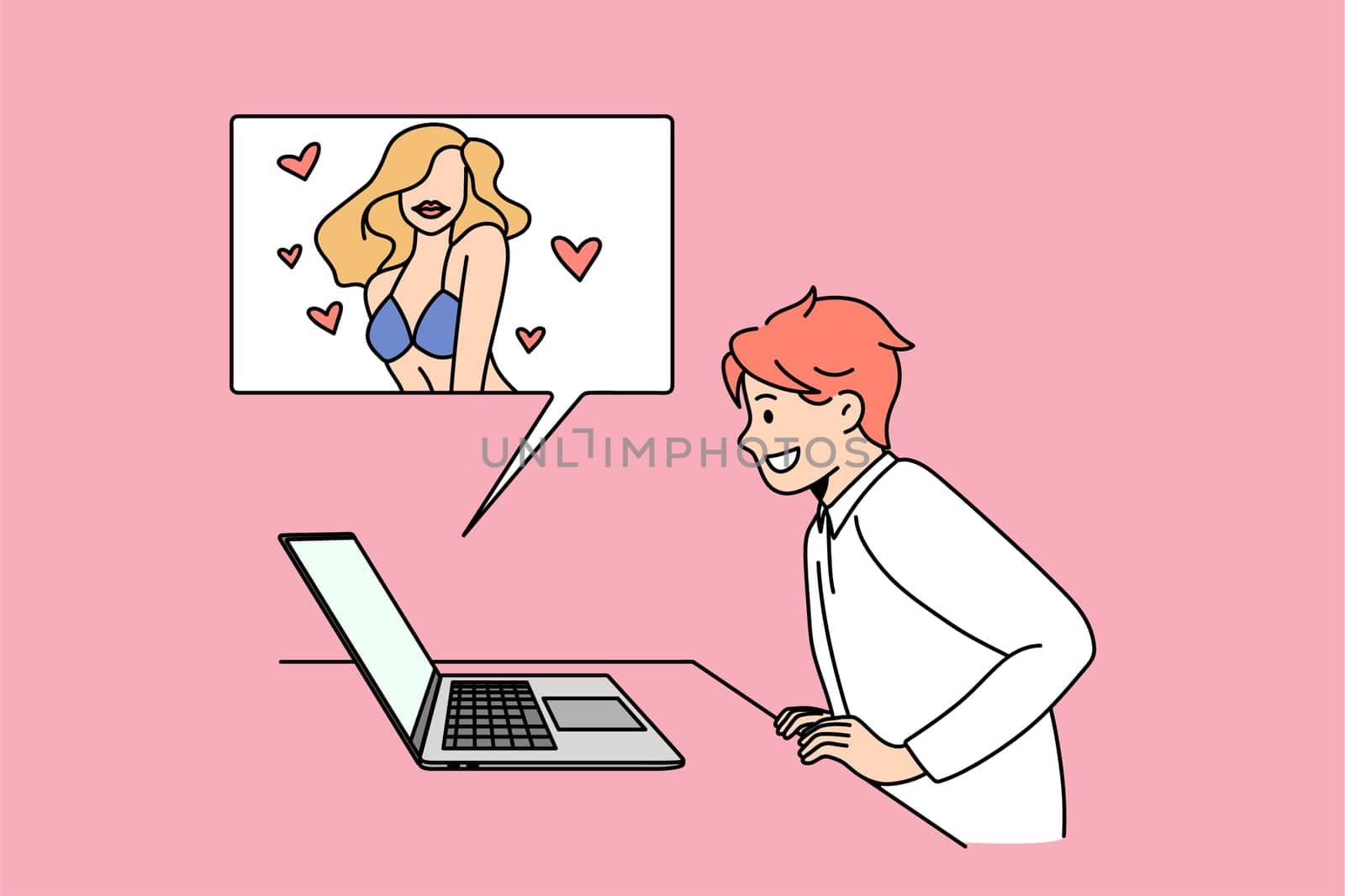 Smiling teen boy look at computer screen watch only for adults video on device online. Happy child or kid use laptop for banned censored content. Parental control, censorship. Vector illustration.