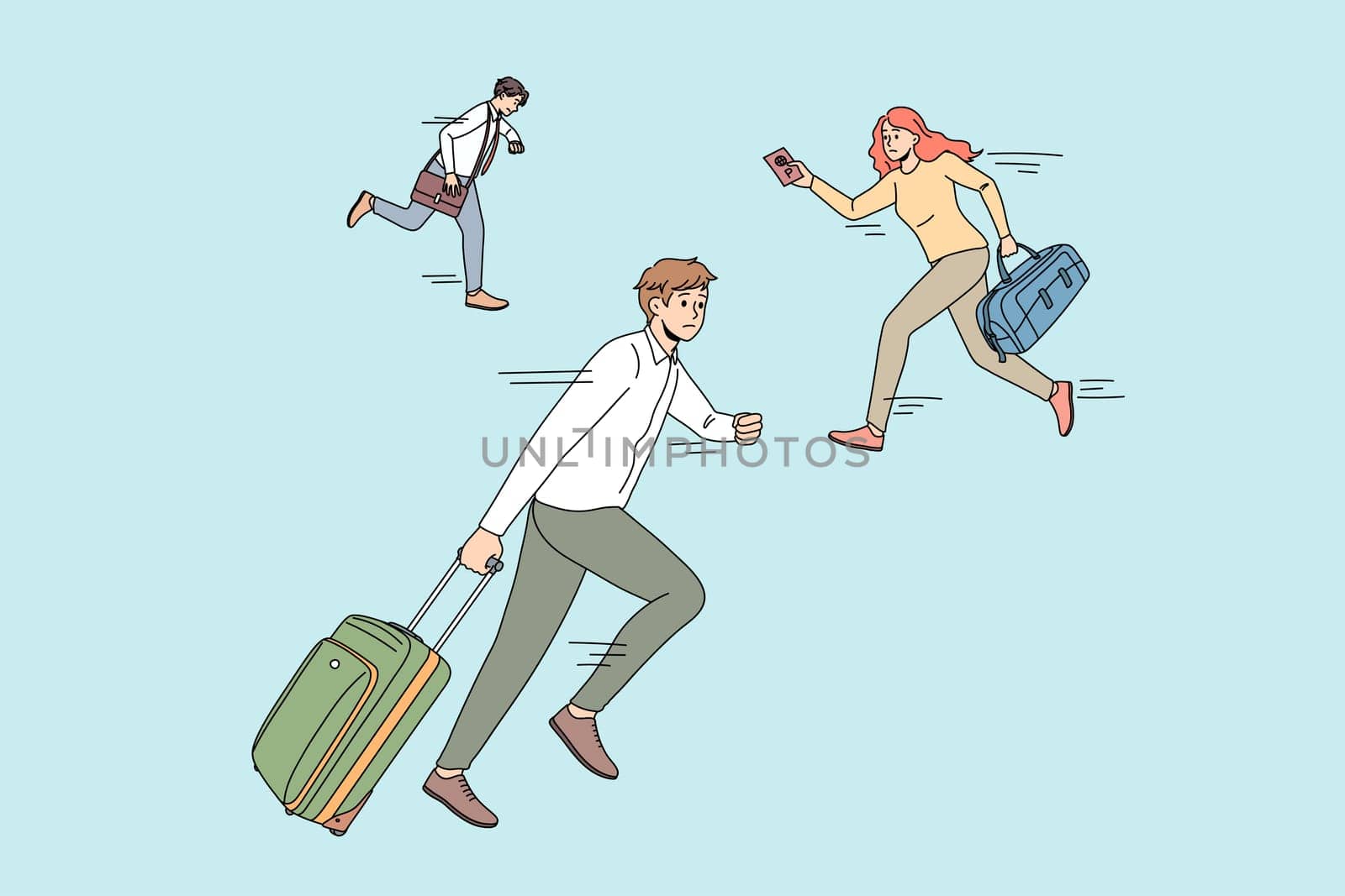 Anxious people with baggage running in airport not miss plane. Worried diverse men and women travelers with luggage rush in hurry for boarding at gate. Travel and tourism. Flat vector illustration.