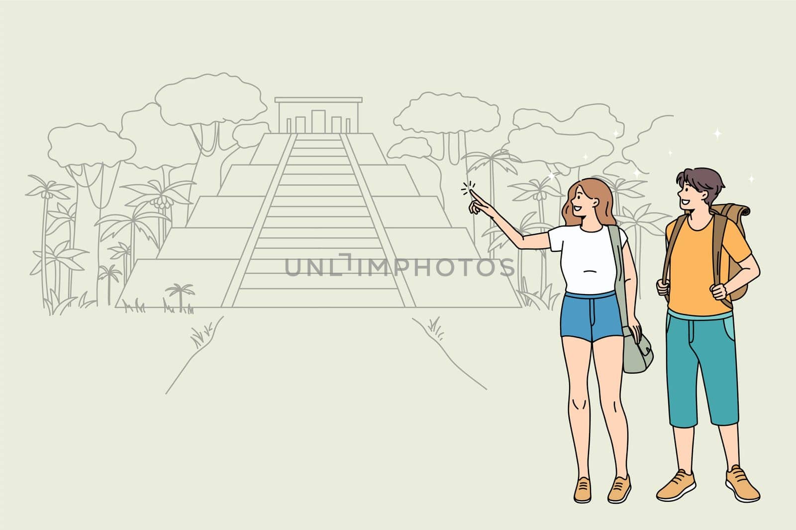 Happy couple tourists explore travel destination in tropical country. Smiling man and woman travelers discover landmarks or attractions on summer holiday or vacation. Tourism. Vector illustration.