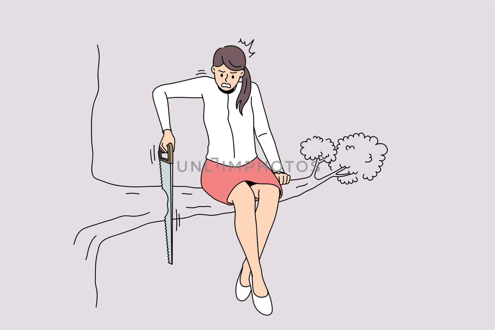 Unhappy young businesswoman sit on tree cut branch she sitting on. Distressed female employee involved in risky business project, feel trapped with idea. Work stress concept. Vector illustration.