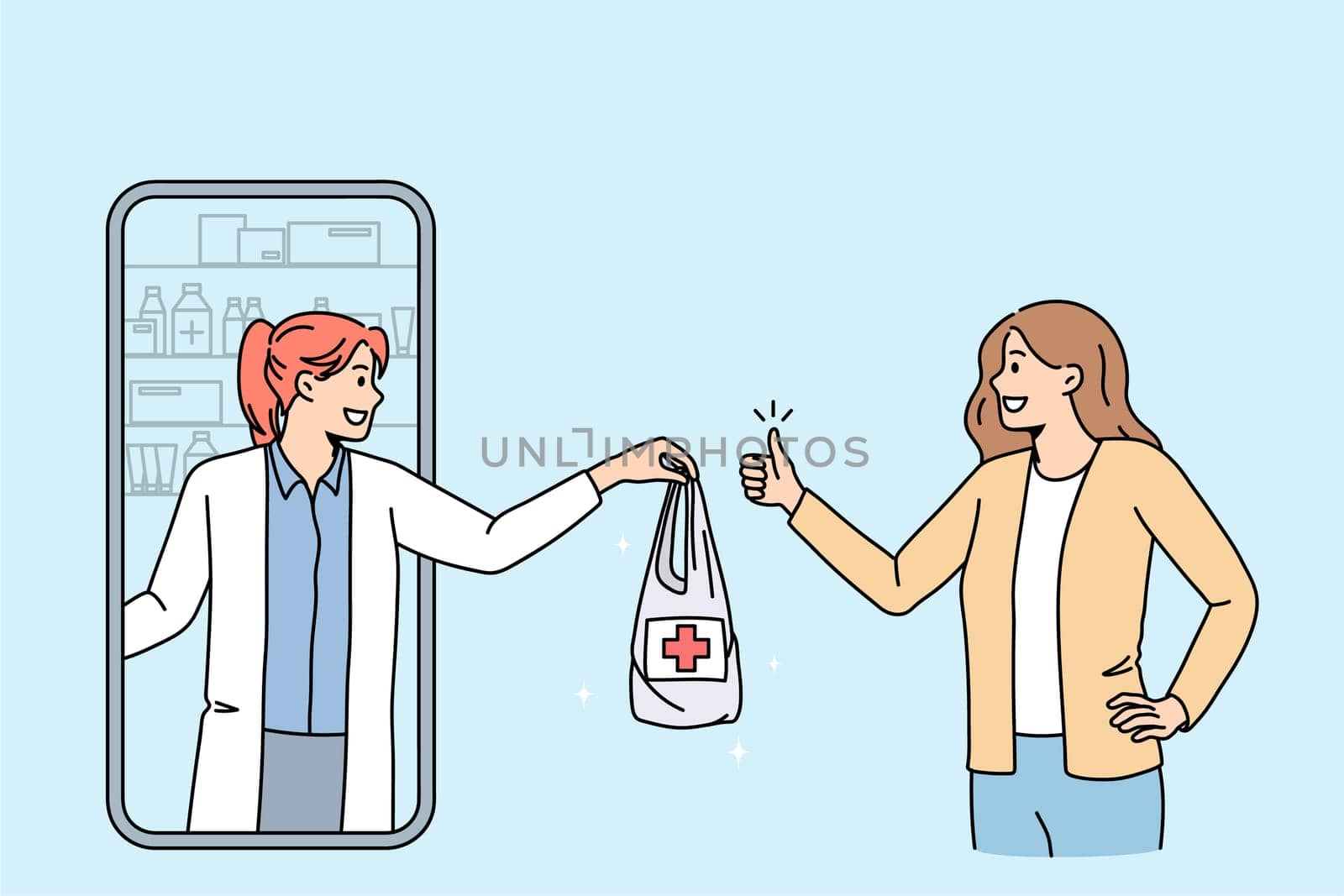 Happy woman client order medication at online pharmacy from doctor. Smiling female customer buy drugs medicines on internet using smartphone web application. Healthcare. Flat vector illustration.