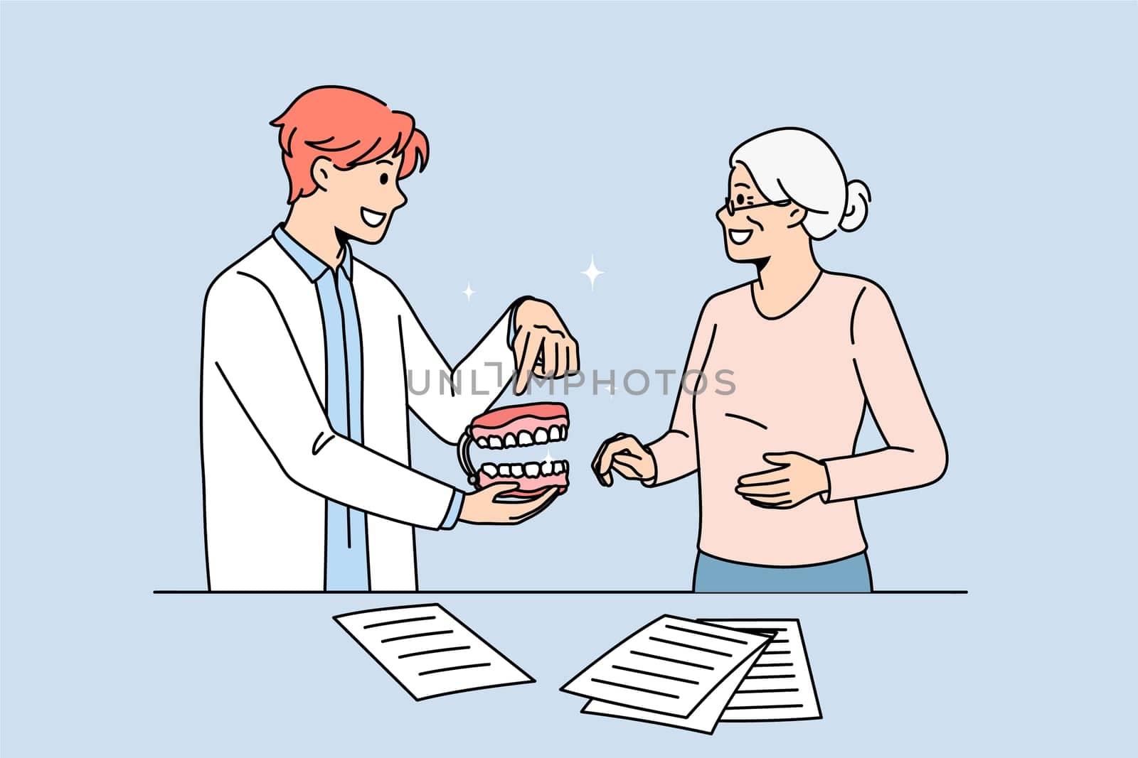 Male doctor consult old woman patient about teeth prosthesis in dental clinic. Man dentist show tooth model to senior female client. Dentistry and healthcare. Oral care. Flat vector illustration.