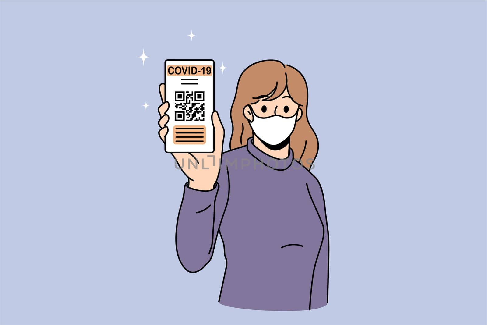 Woman in facemask show vaccination certificate on phone