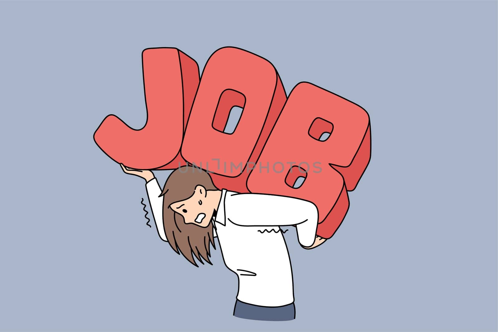 Exhausted businesswoman carry on back word letter Job struggle with overload in office. Tired unwell woman employee suffer overwhelmed with workload. Overwork concept. Vector illustration.