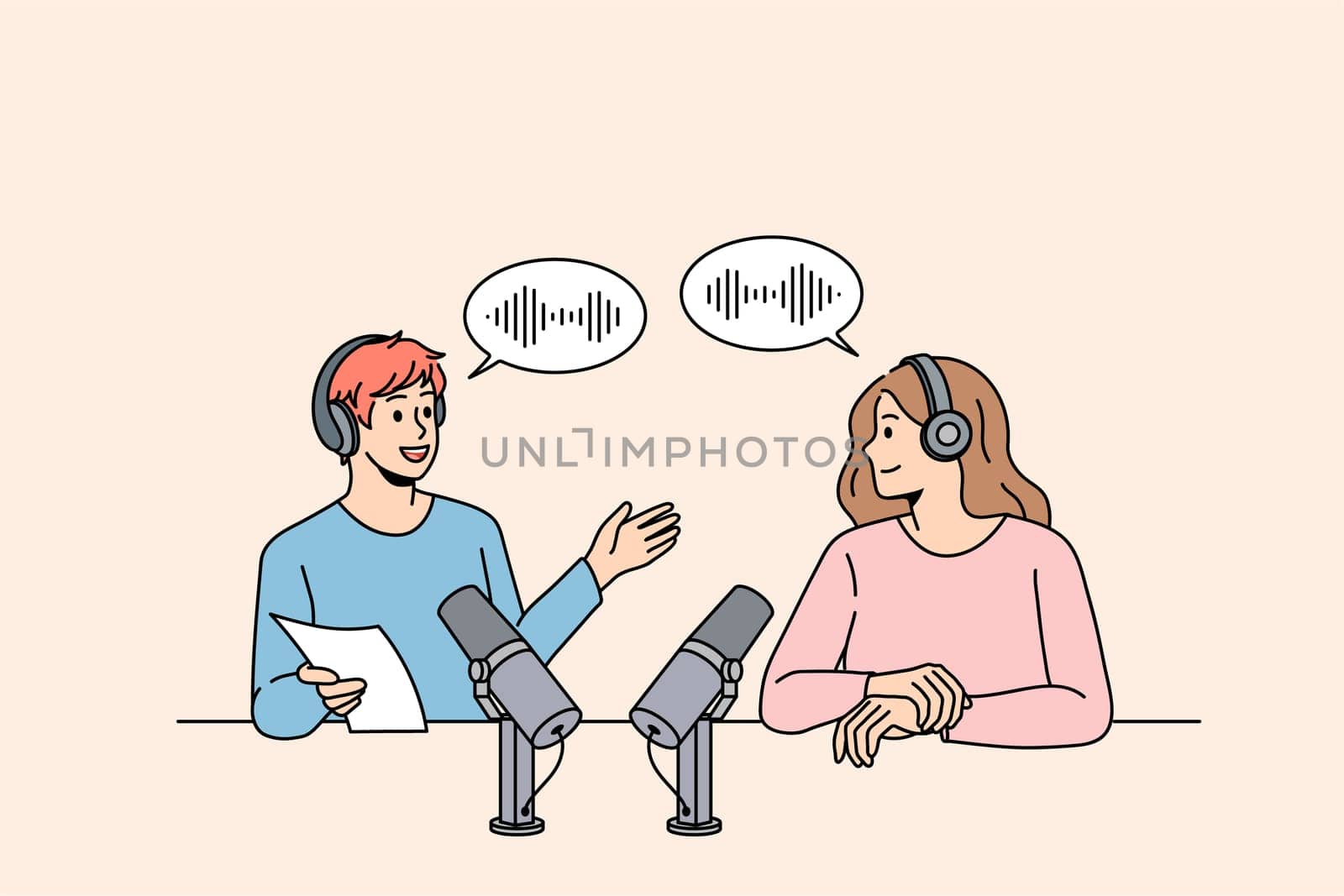 Smiling man radio host talk with guest in studio. Happy male presenter speak with woman, have communication record podcast together. Entertainment industry. Flat vector illustration.