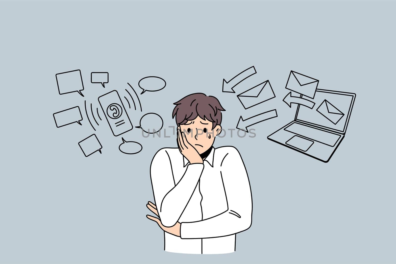 Stressed businessman feel anxious with phone and computer notifications. Unhappy worried man employee or worker distressed frustrated with workload online. Overwork concept. Vector illustration.