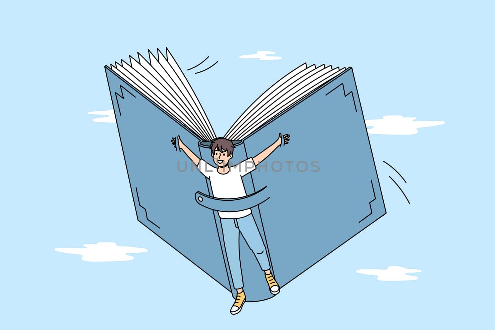Smiling boy child flying on book explore new world reading literature. Happy kid discover horizons with fairytales or novels. Booklover, education and self-development concept. Vector illustration.