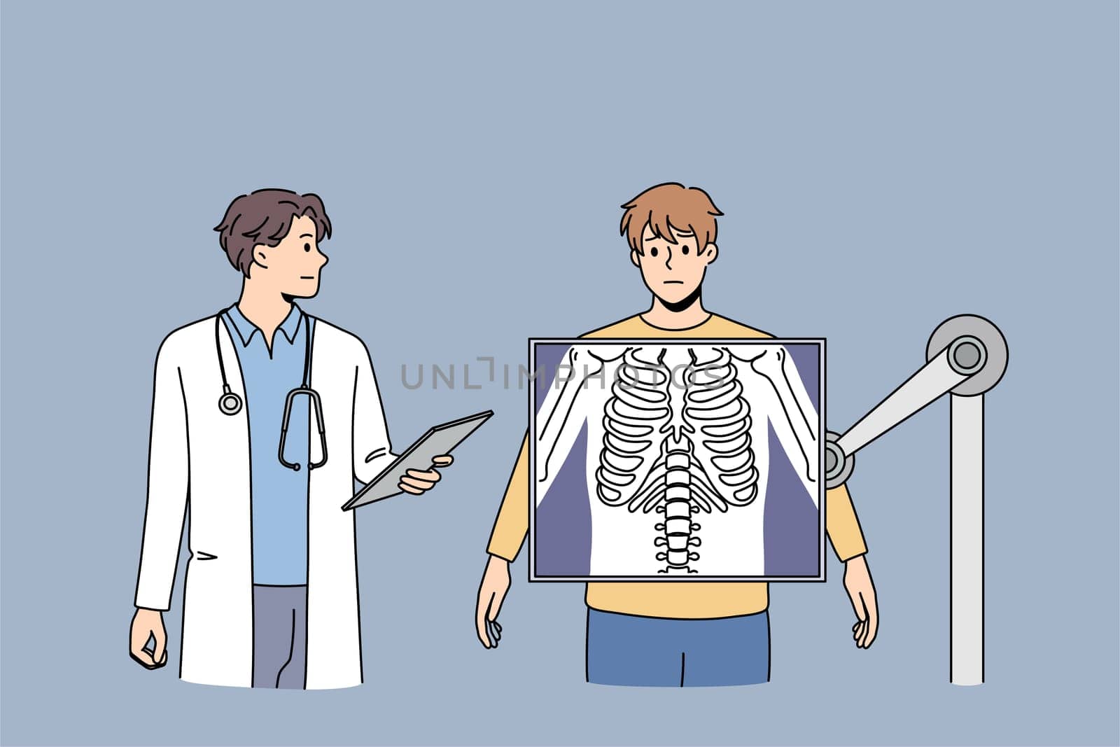 Doctor examine unhealthy male patient standing on xray machine testing body. Man get organism checked on X ray in clinic or hospital. Medicine, healthcare concept. Flat vector illustration.
