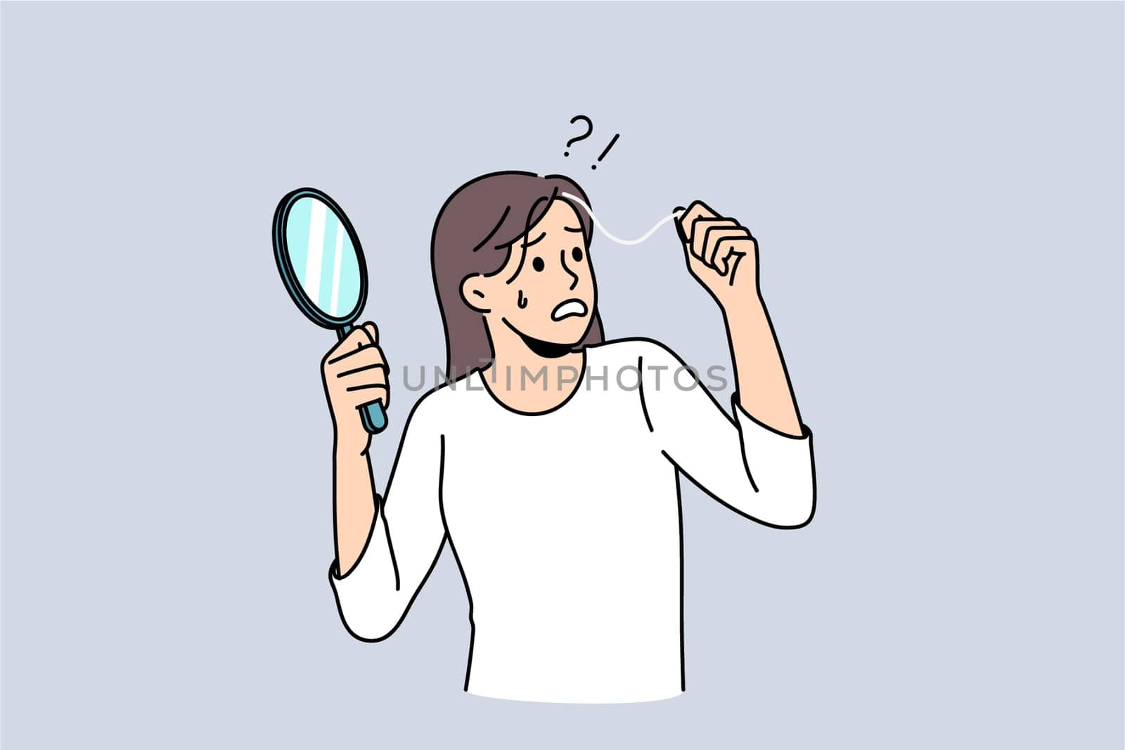 Anxious woman look in mirror find grey hair scared of early aging. Worried unhappy female feel stressed shocked become grey-haired. Life personal changes concept. Maturity. Flat vector illustration.