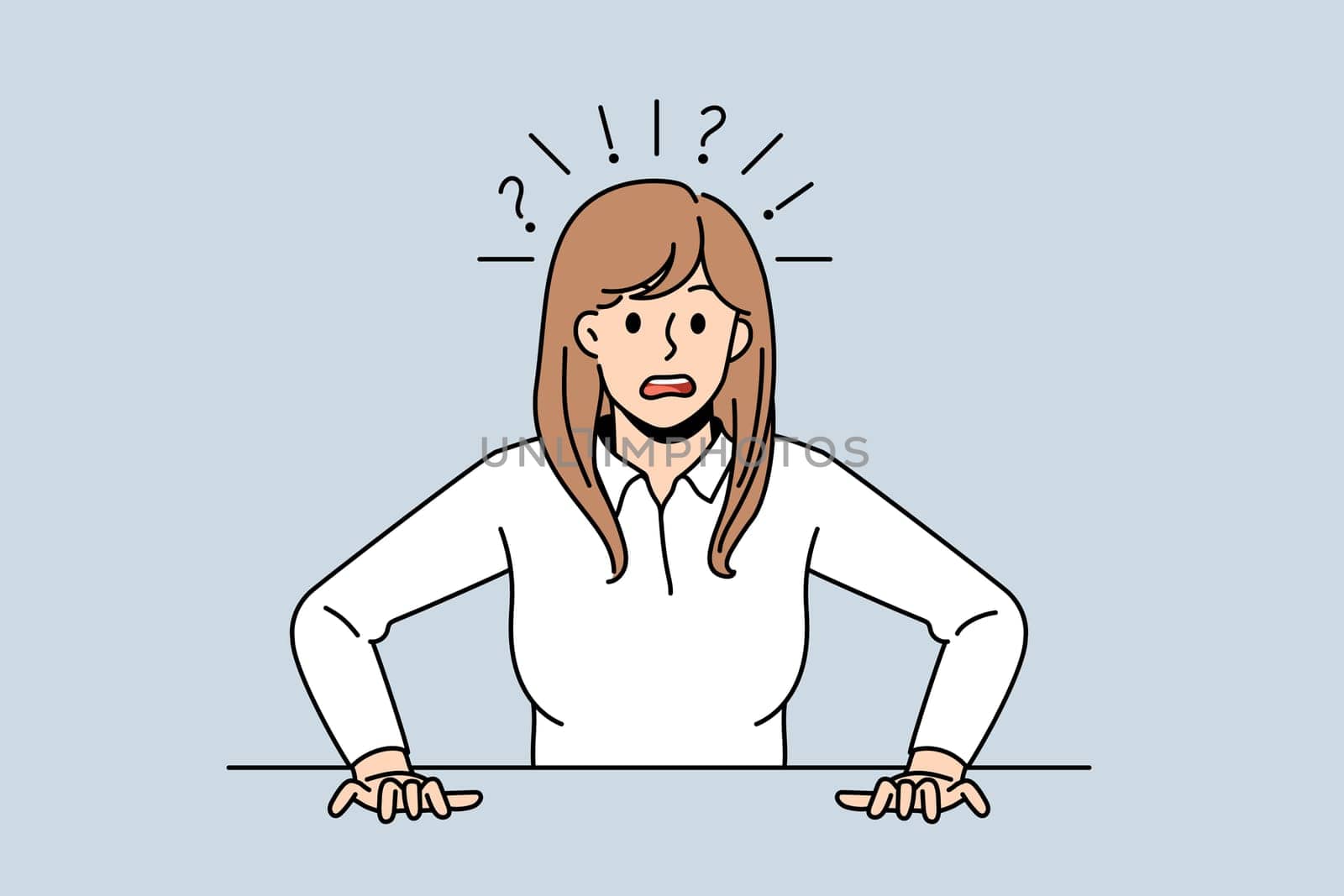 Shocked young woman feel stunned frightened by unbelievable news or message. Terrified female surprised amazed by bad negative accident. Shock and fear. Frustration. Vector illustration.