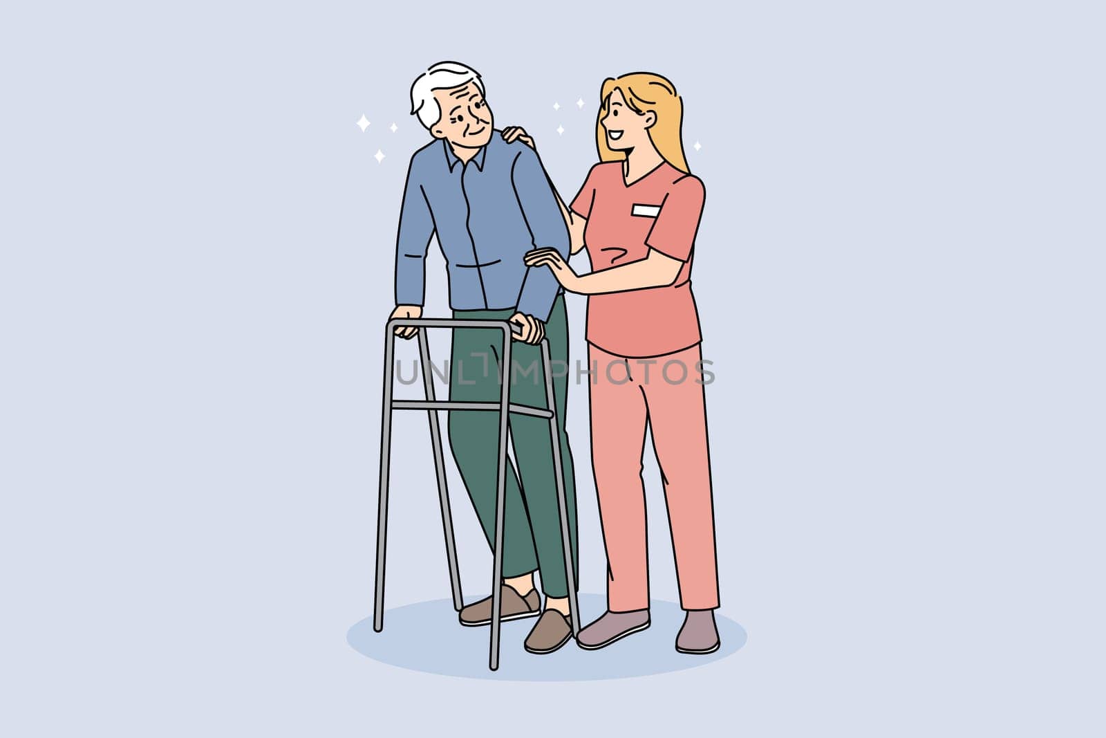 Caring nurse help disabled older man using waling frame in hospital. Attentive positive caregiver assist elderly grandfather on walker in retirement house. Rehabilitation. Vector illustrations.