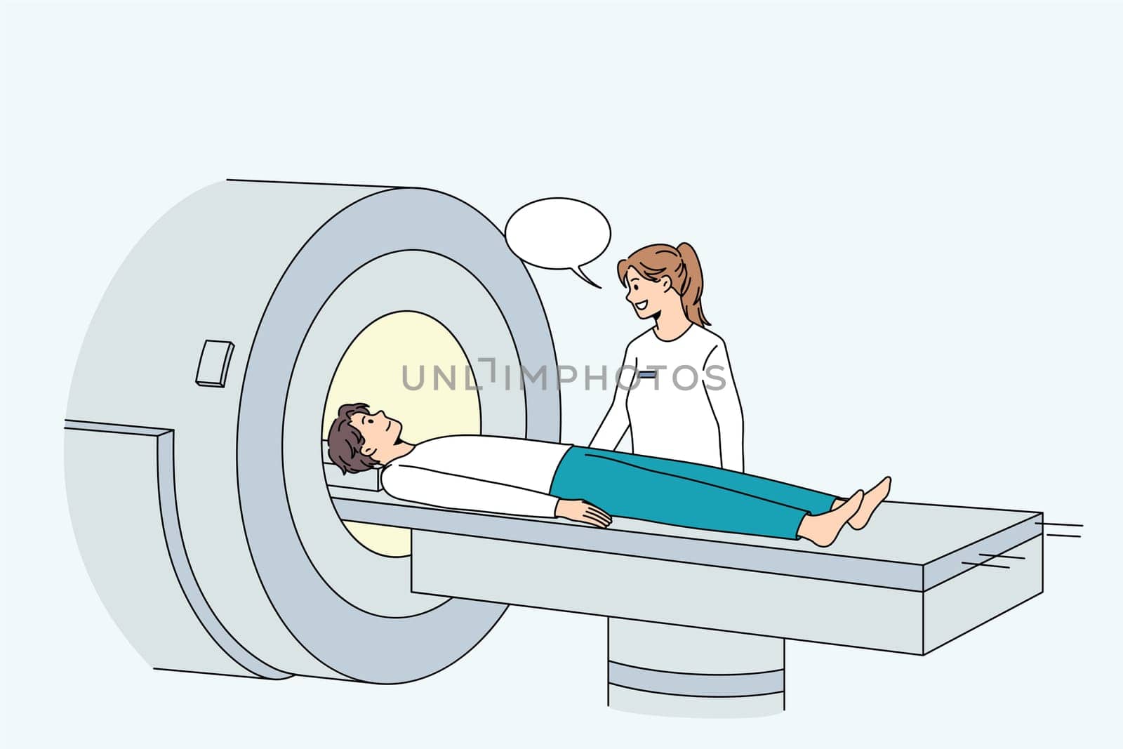 Man undergo tomography screening in modern hospital. Unhealthy sick male patient have body section laminography in clinic, suffer from health problems. Healthcare, medicine. Vector illustration.